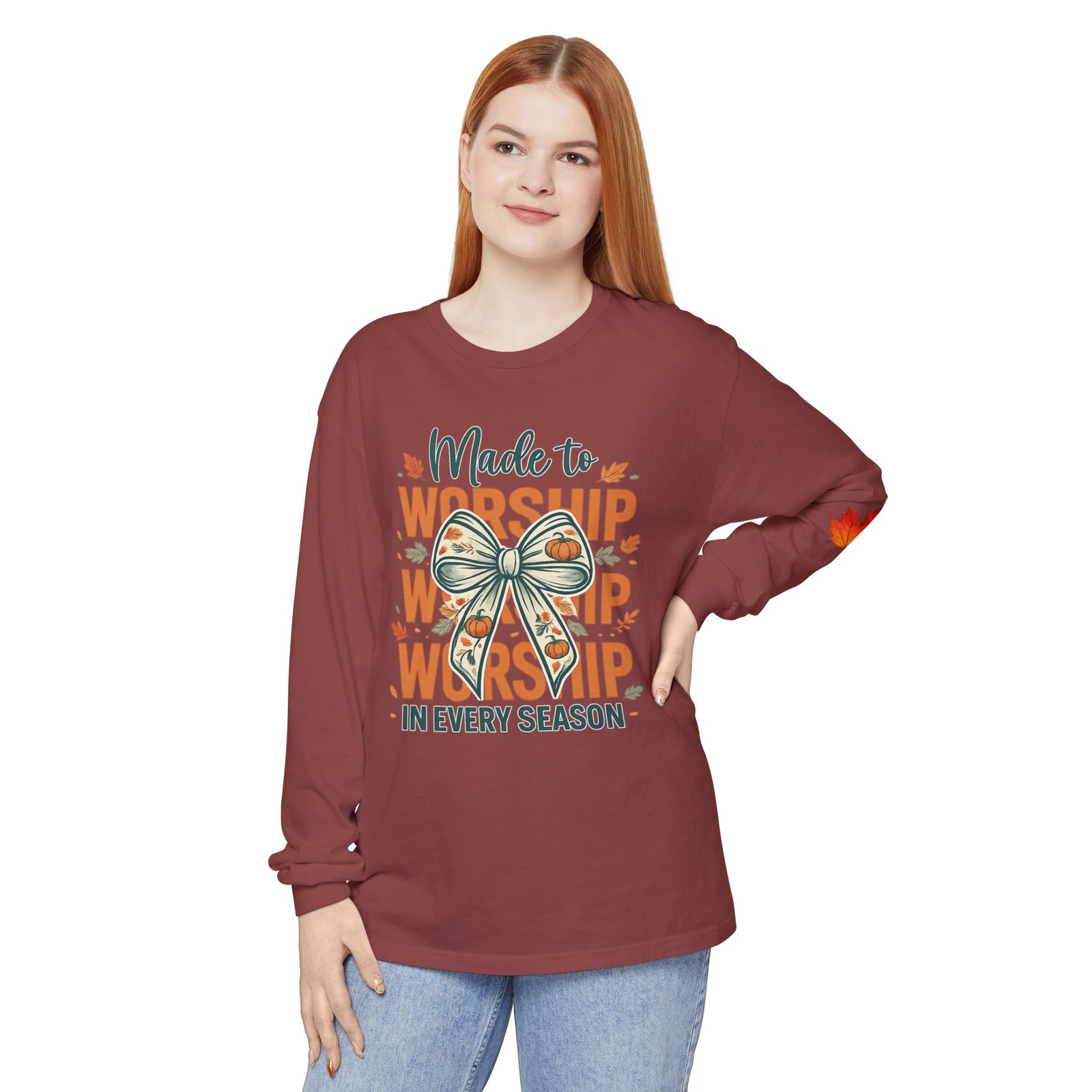 Long Sleeve Tee — "Made to Worship in Every Season" Fall Faith Shirt