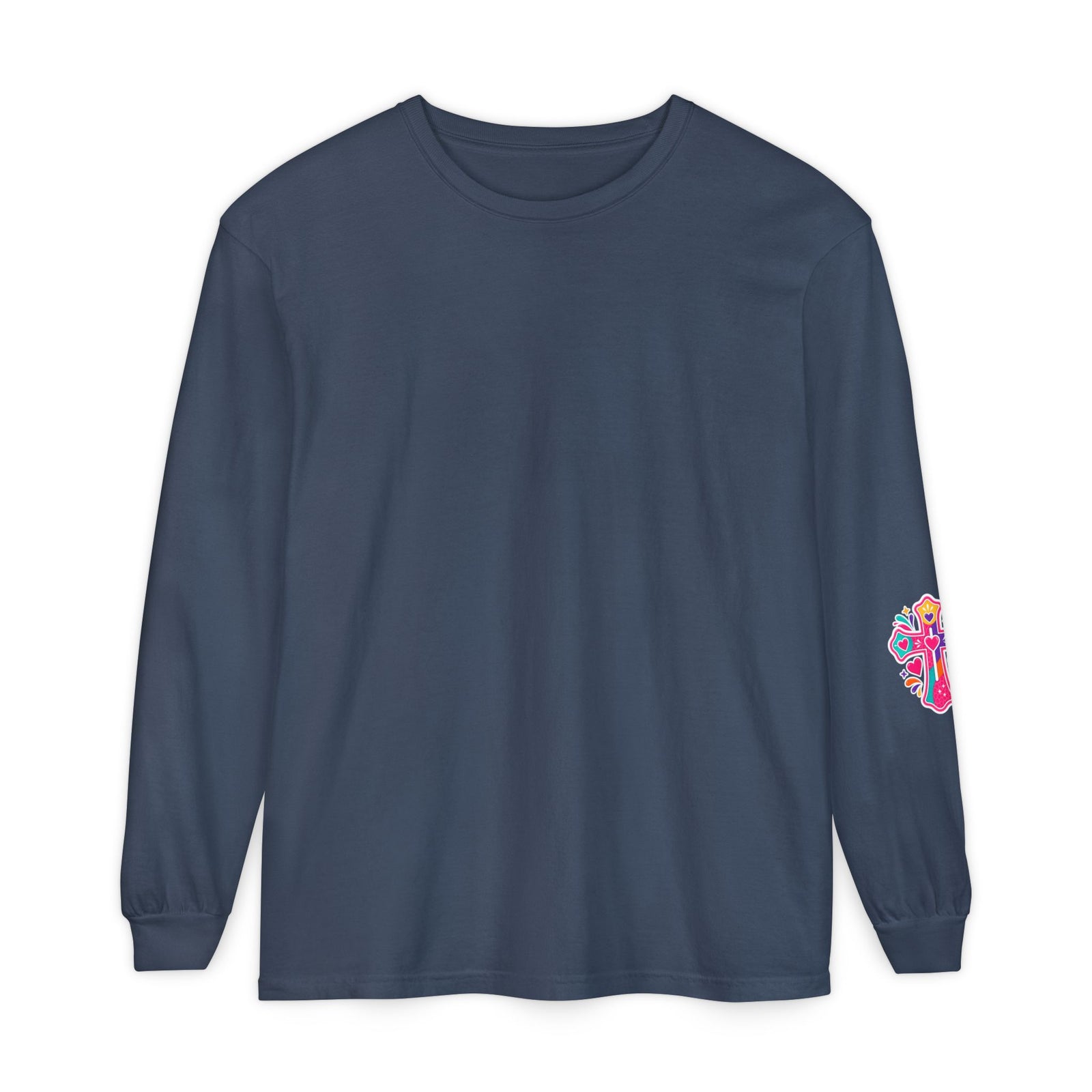 Long Sleeve T-Shirt — “I’m the One on the Front Row at Church With My Hands Raised High” — Colorful Worship Tee