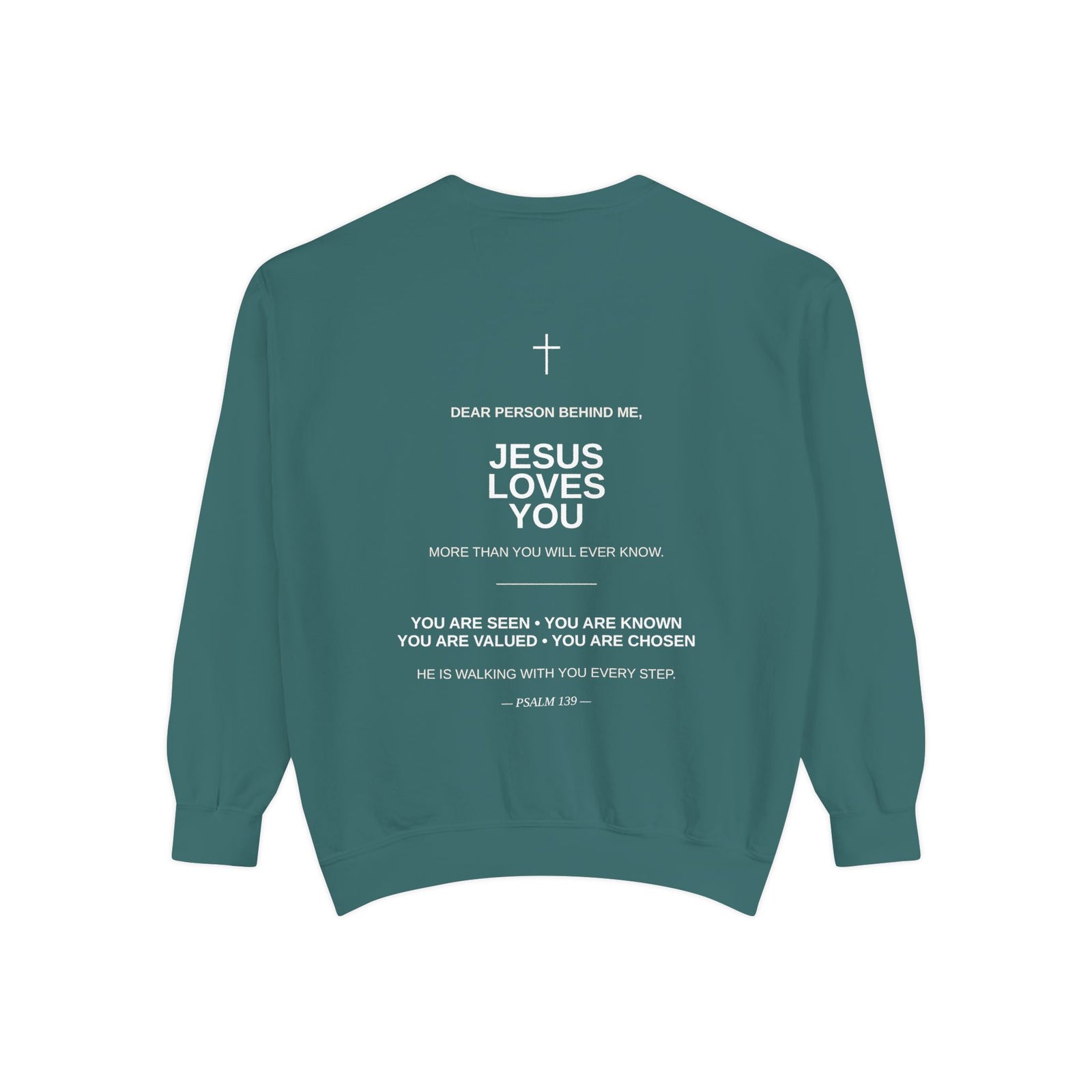 Christian Sweatshirt — Small Cross (Front) + "Jesus Loves You" Back