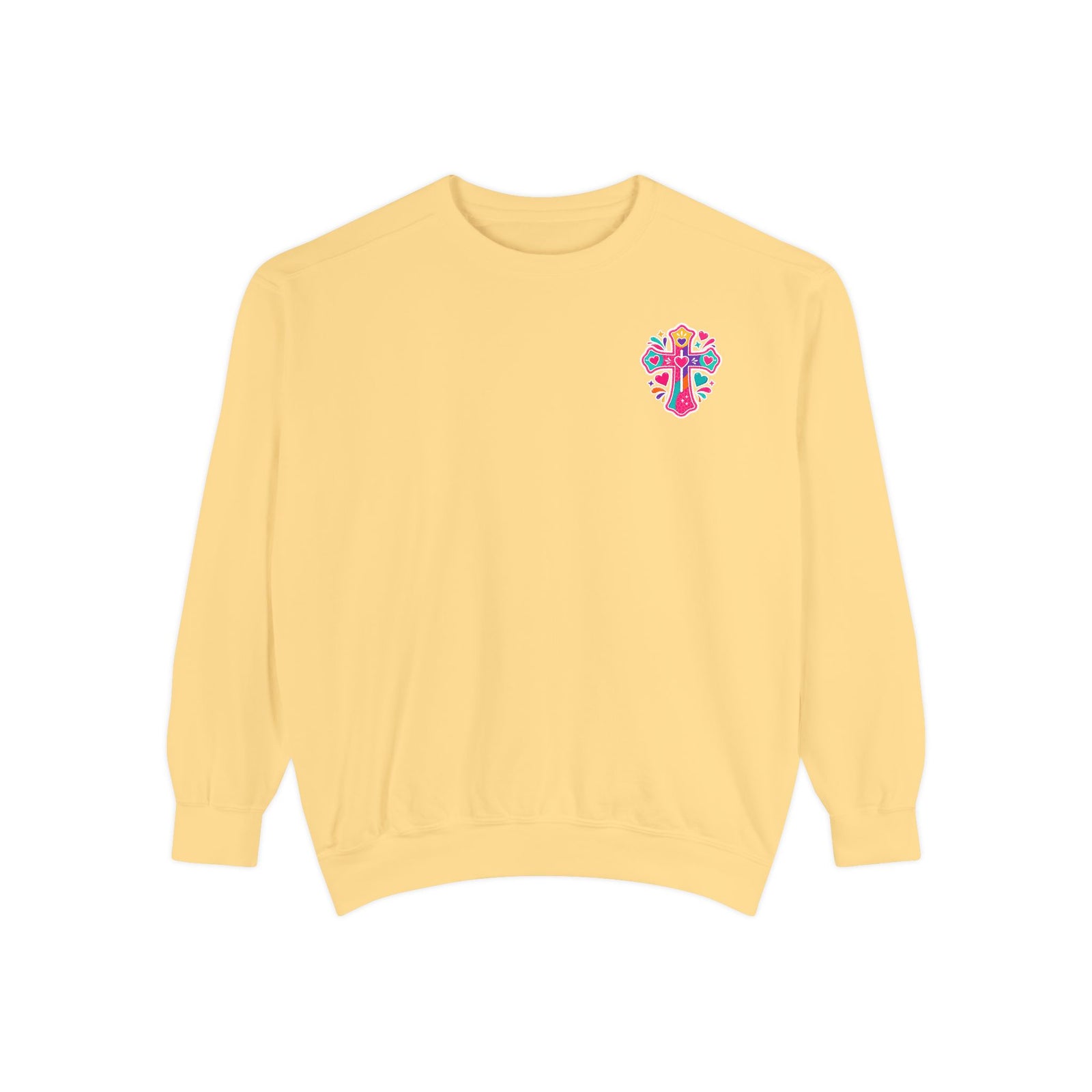 Christian Sweatshirt — “I’m the One on the Front Row at Church” Colorful Hands-Raised Graphic
