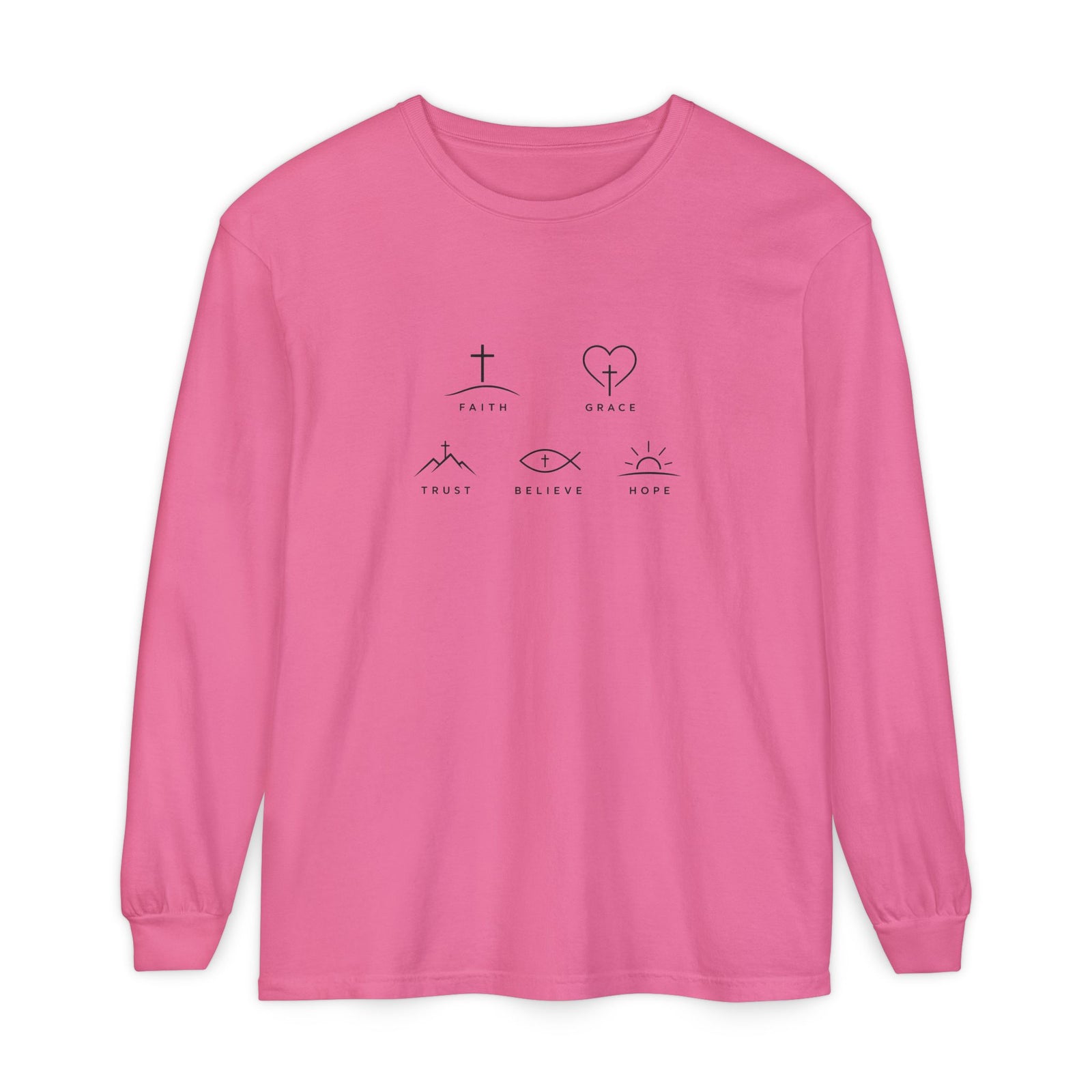 Faith Symbols Long Sleeve Tee — 'Faith, Grace, Trust, Believe, Hope' Minimalist Christian Shirt