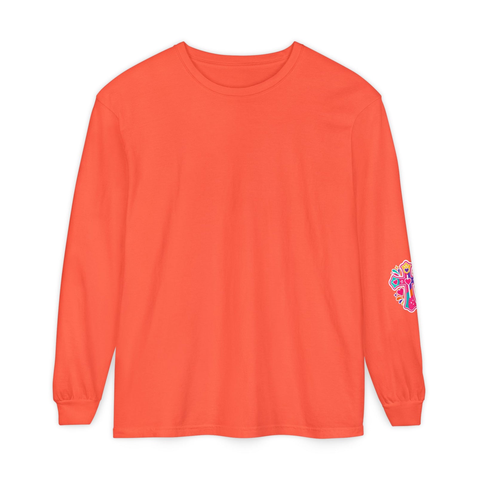Long Sleeve T-Shirt — “I’m the One on the Front Row at Church With My Hands Raised High” — Colorful Worship Tee