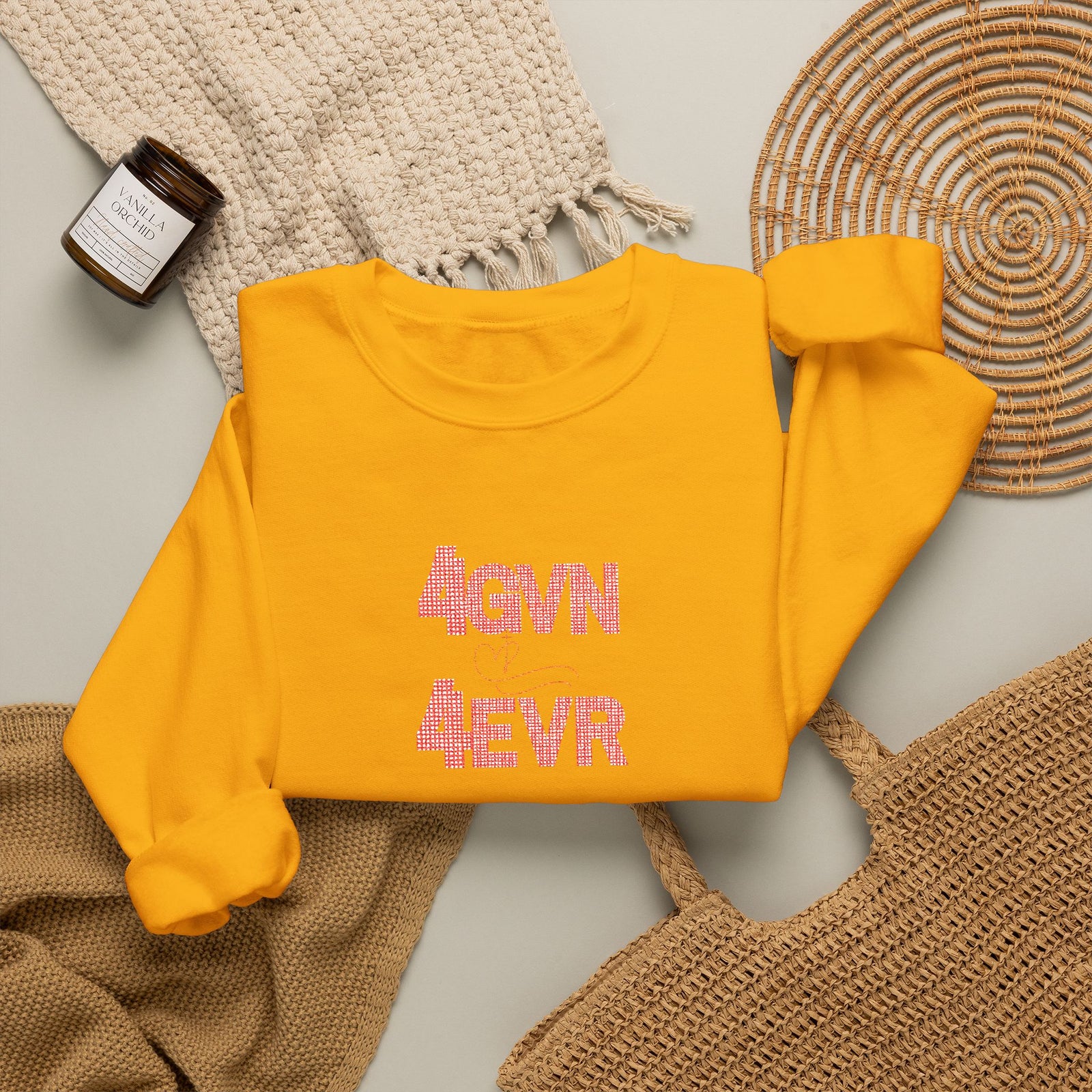 Crewneck Sweatshirt — 'AGAIN NEVER' Floral Text Design, White Cozy Pullover