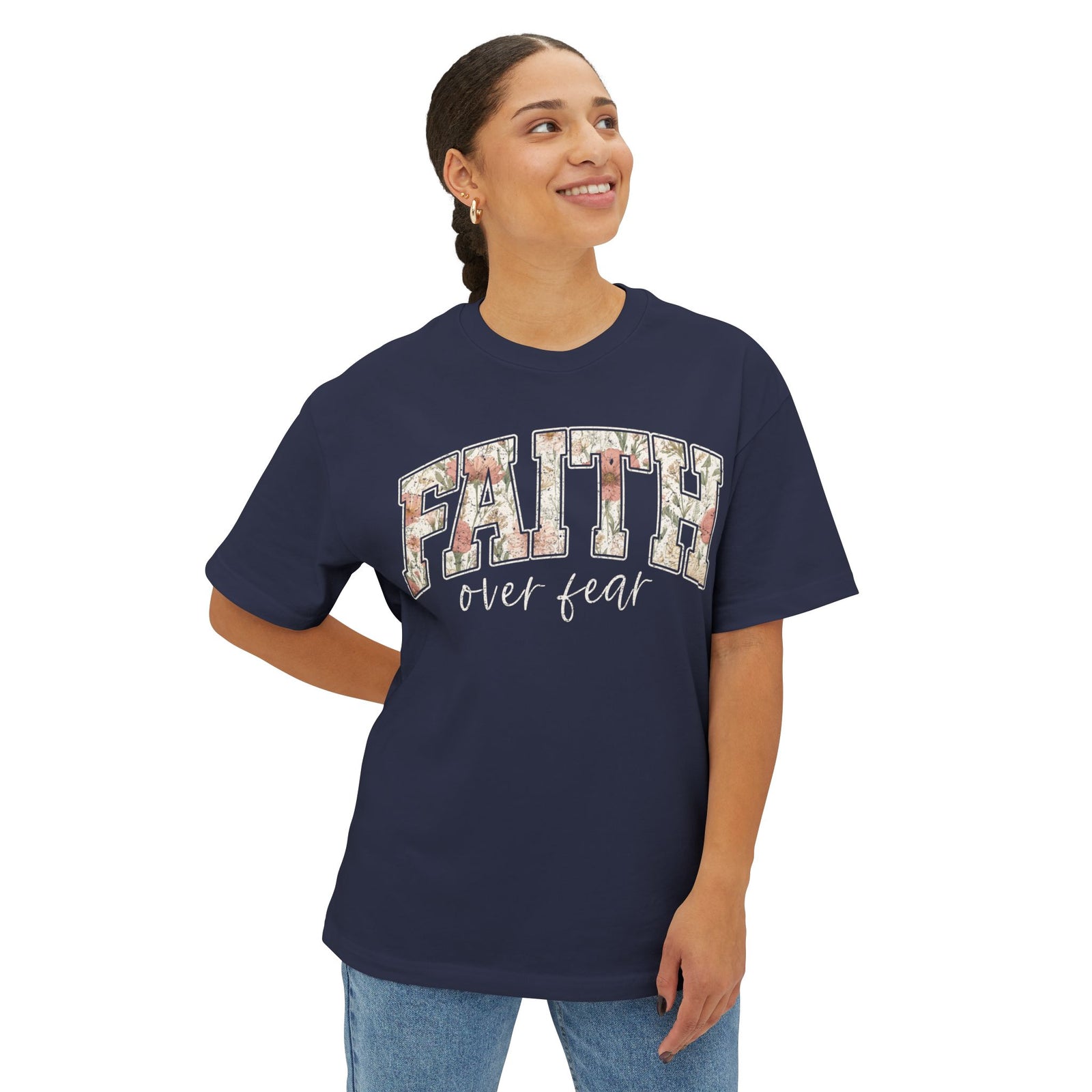 Faith Floral Boxy Tee — Oversized White Graphic T-Shirt with Floral "FAITH" Design