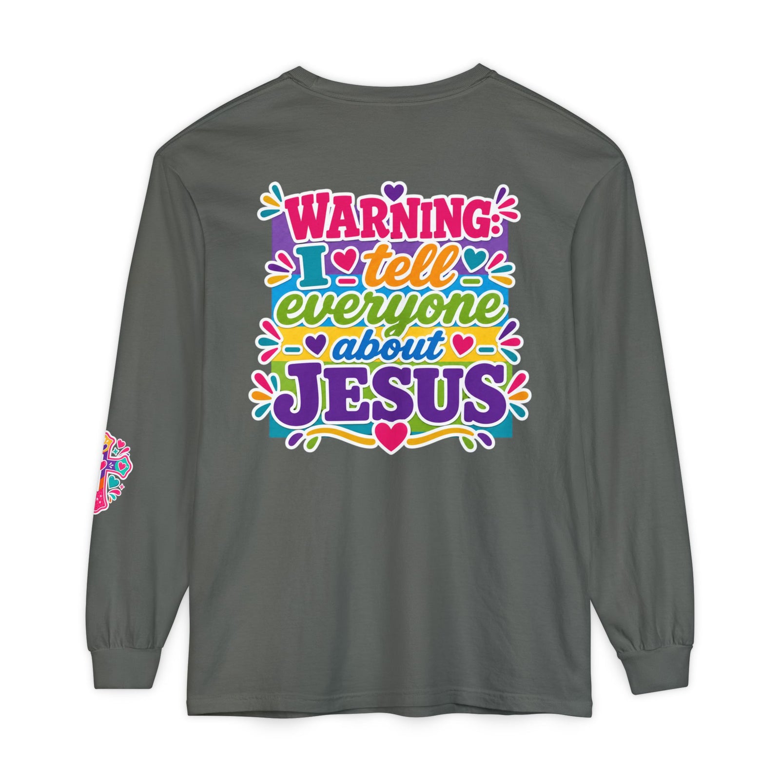 Christian Long Sleeve Tee — "Warning I Tell Everyone About Jesus" Colorful Faith Shirt