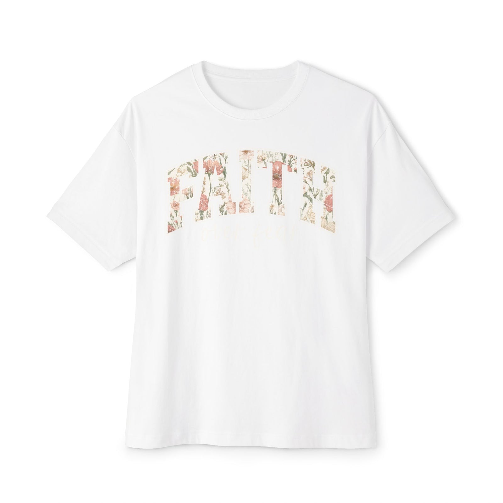 Faith Floral Boxy Tee — Oversized White Graphic T-Shirt with Floral "FAITH" Design