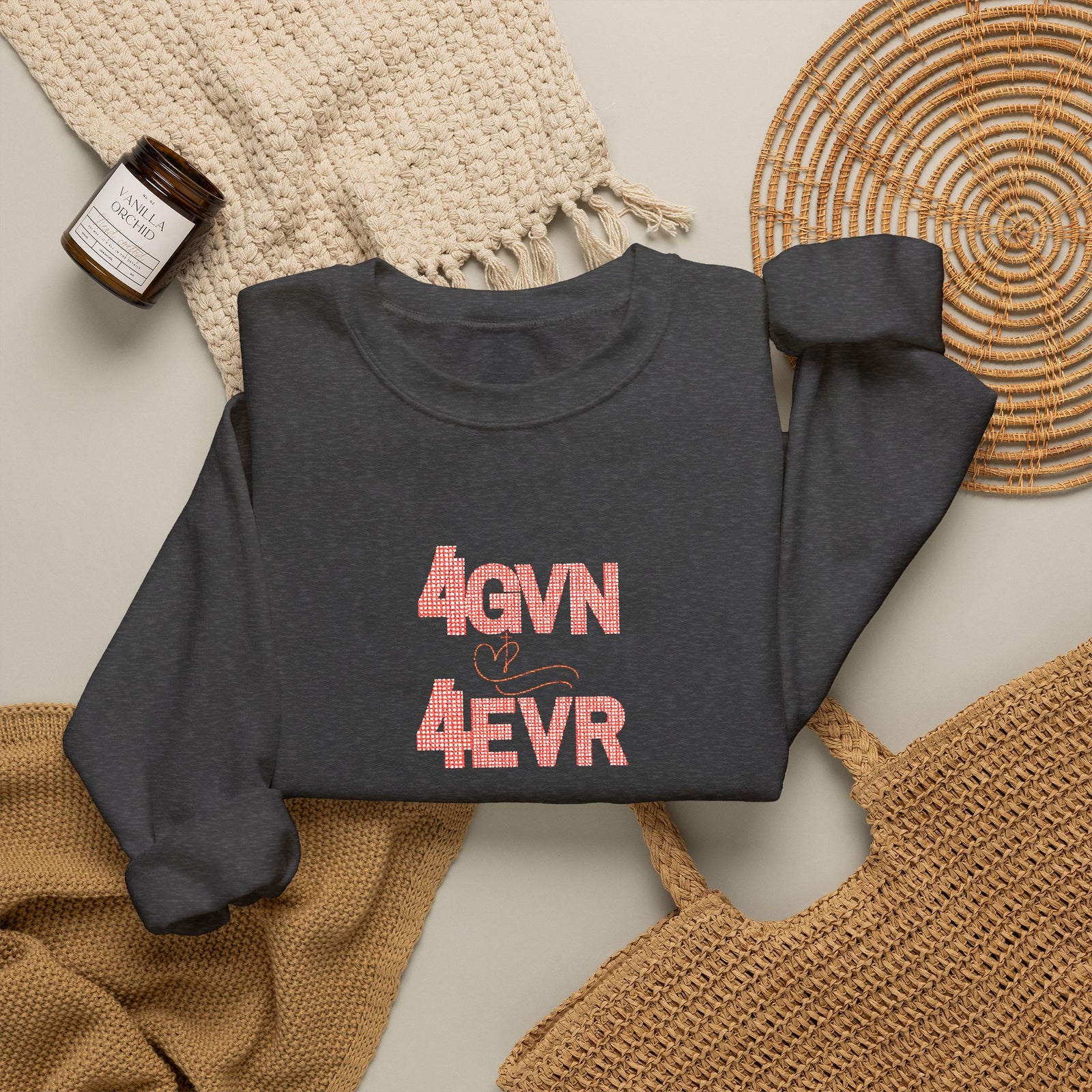 Crewneck Sweatshirt — 'AGAIN NEVER' Floral Text Design, White Cozy Pullover