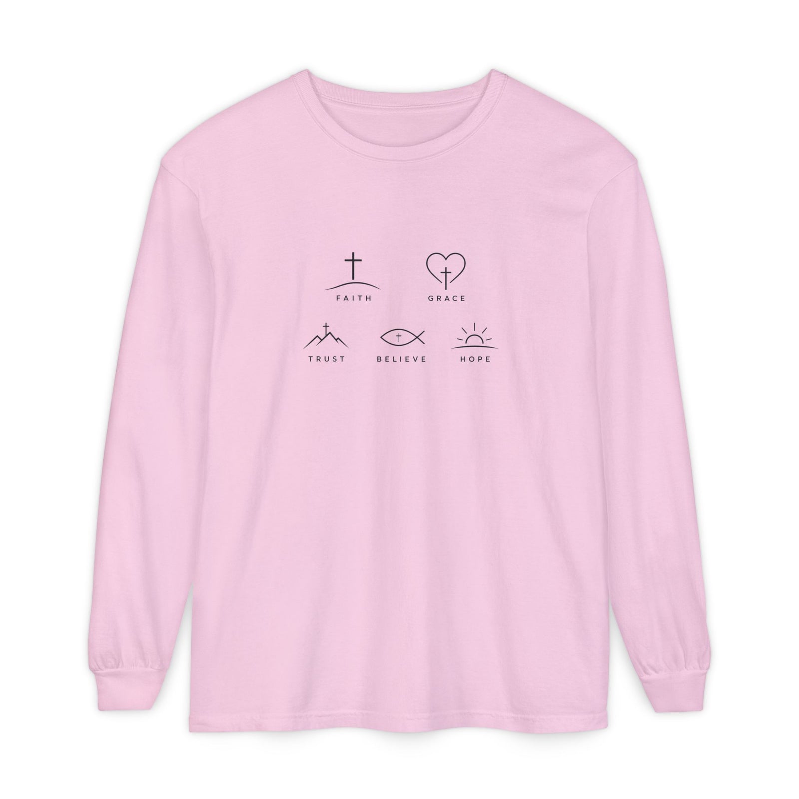 Faith Symbols Long Sleeve Tee — 'Faith, Grace, Trust, Believe, Hope' Minimalist Christian Shirt