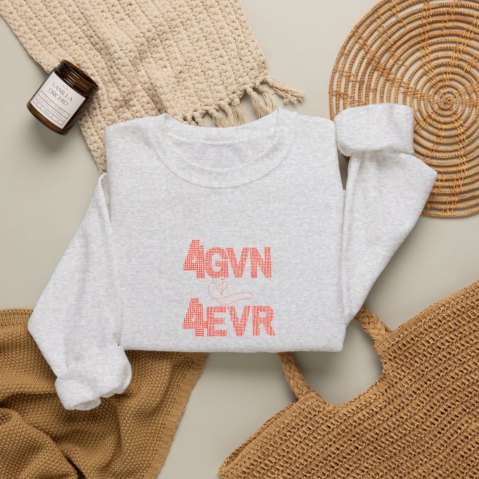 Crewneck Sweatshirt — 'AGAIN NEVER' Floral Text Design, White Cozy Pullover
