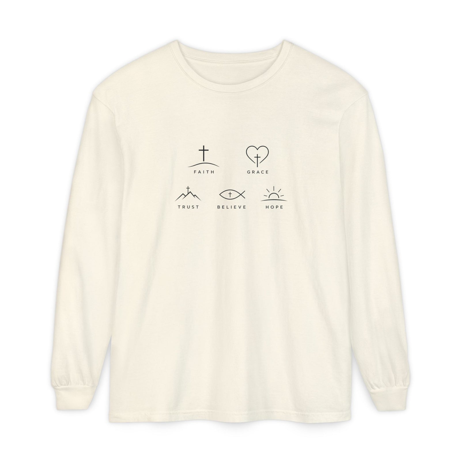 Faith Symbols Long Sleeve Tee — 'Faith, Grace, Trust, Believe, Hope' Minimalist Christian Shirt