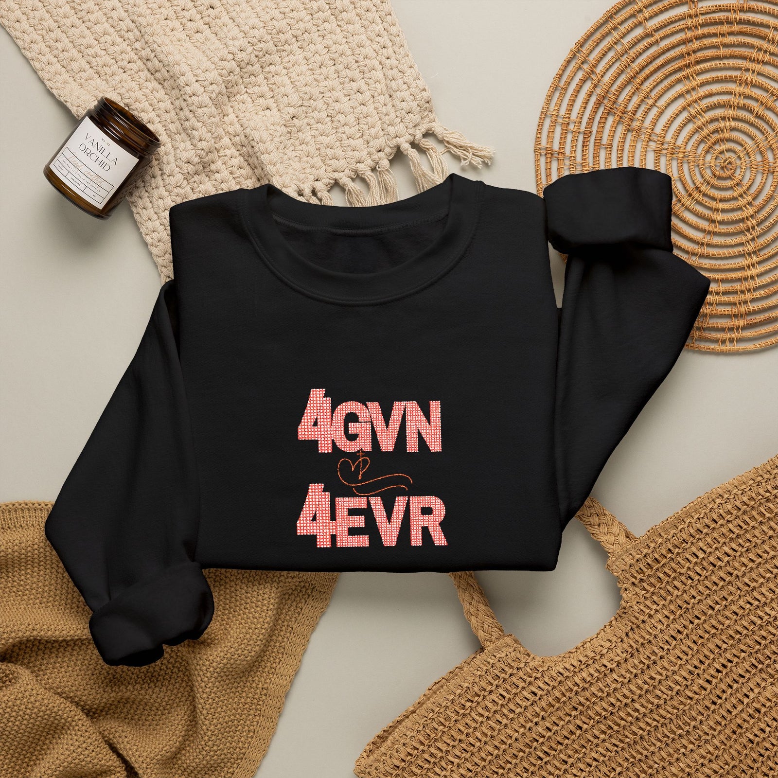 Crewneck Sweatshirt — 'AGAIN NEVER' Floral Text Design, White Cozy Pullover