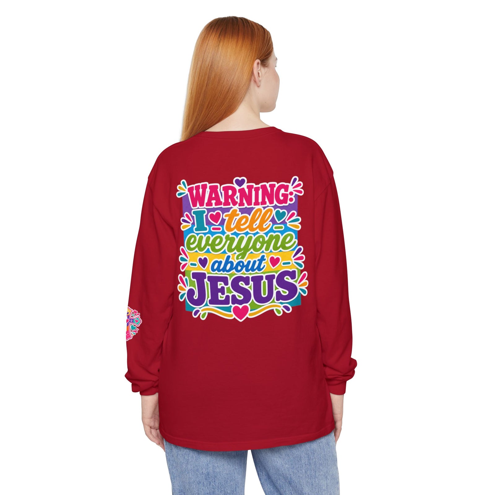 Christian Long Sleeve Tee — "Warning I Tell Everyone About Jesus" Colorful Faith Shirt