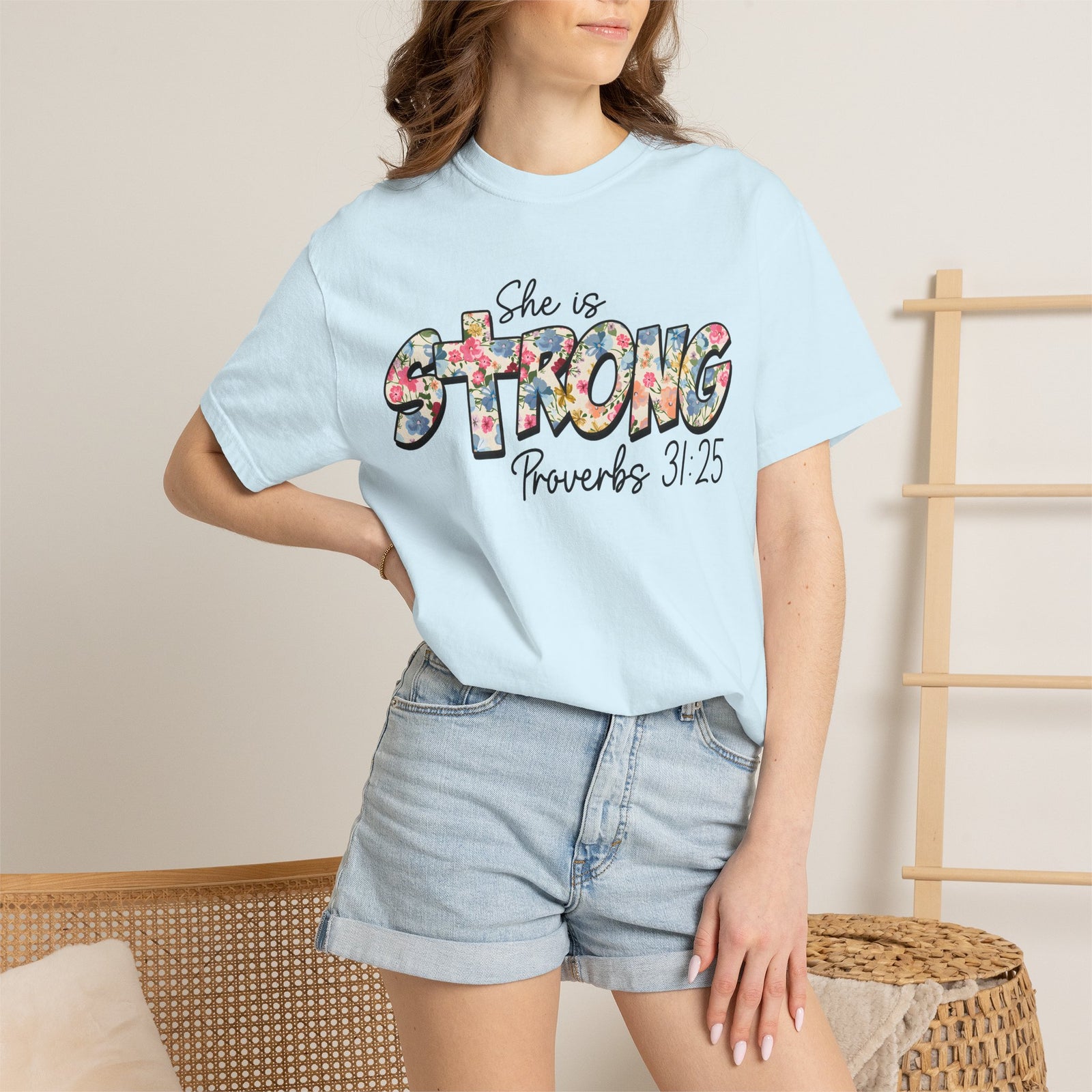 She Is Strong Floral T-Shirt — Proverbs 31:25 Inspirational Tee for Women