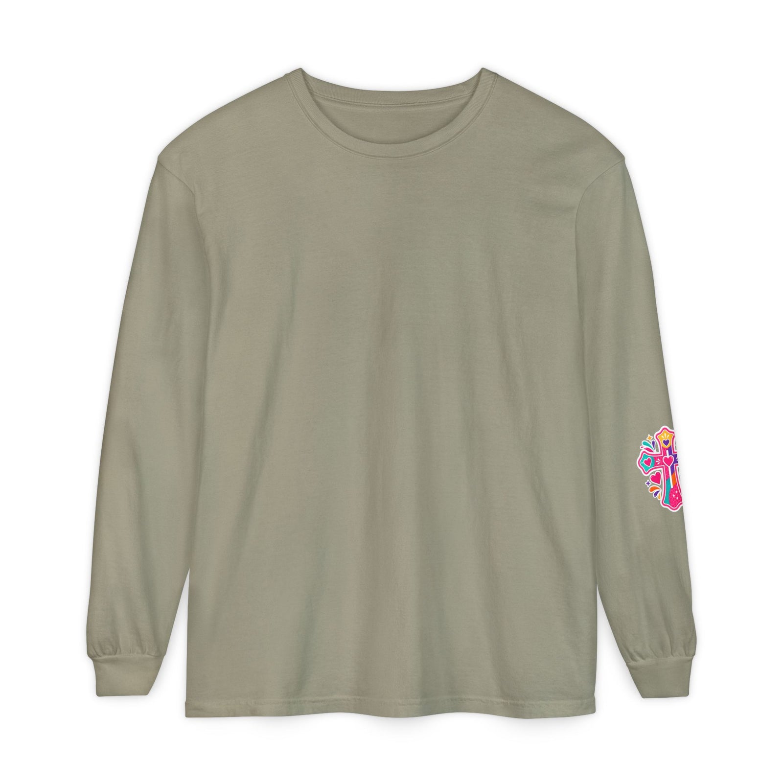 Long Sleeve T-Shirt — “I’m the One on the Front Row at Church With My Hands Raised High” — Colorful Worship Tee