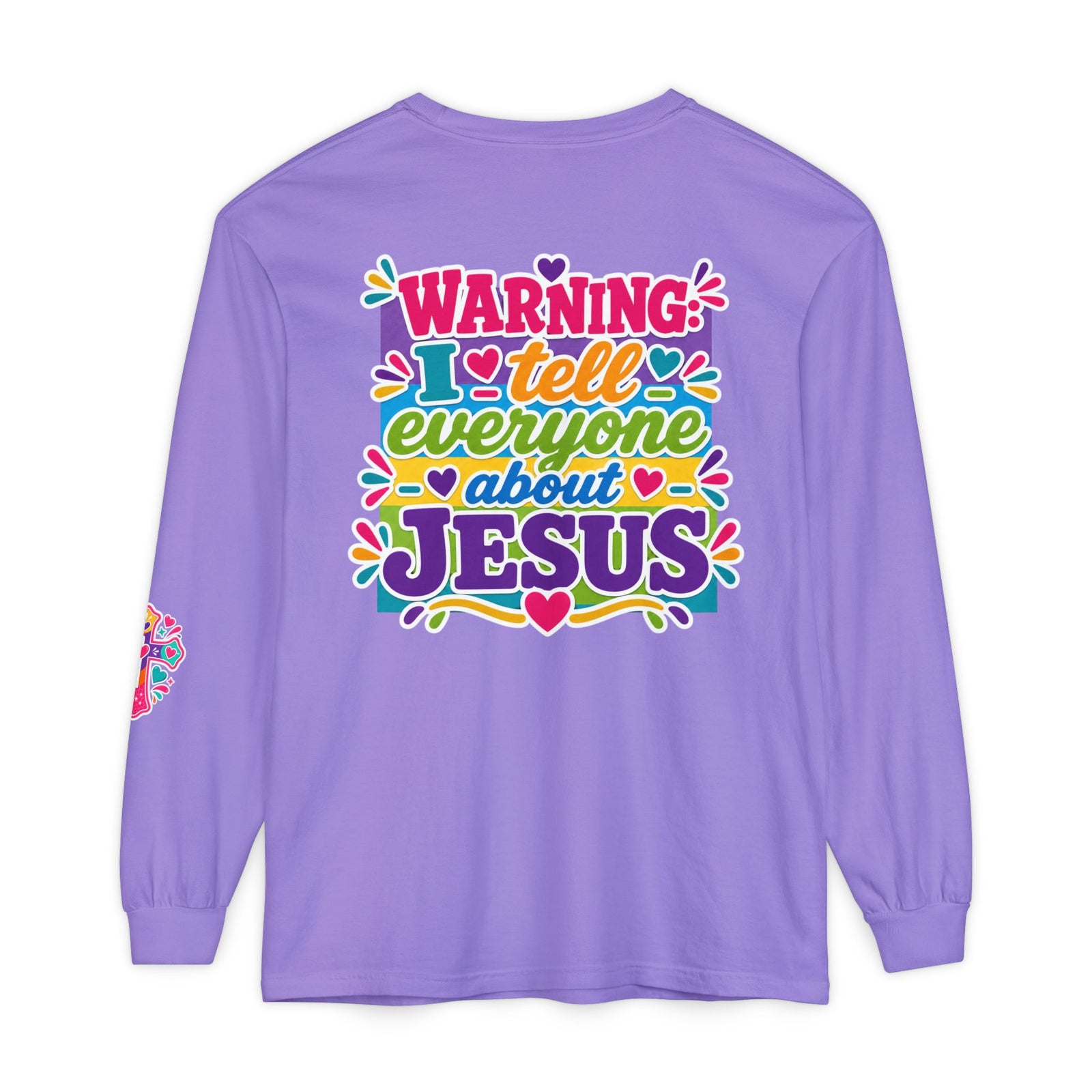 Christian Long Sleeve Tee — "Warning I Tell Everyone About Jesus" Colorful Faith Shirt