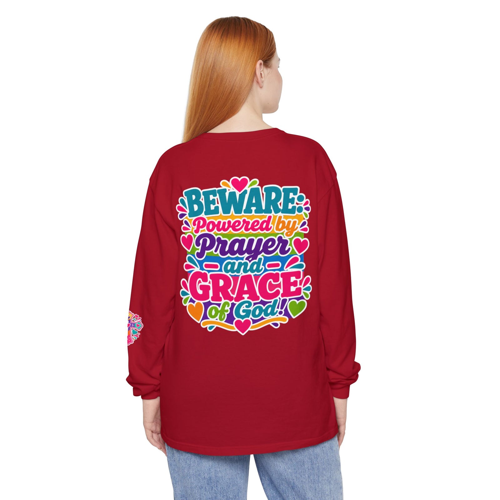 Long Sleeve Tee - "BEWARE Powered by Prayer and Grace of God" Colorful Faith Tee