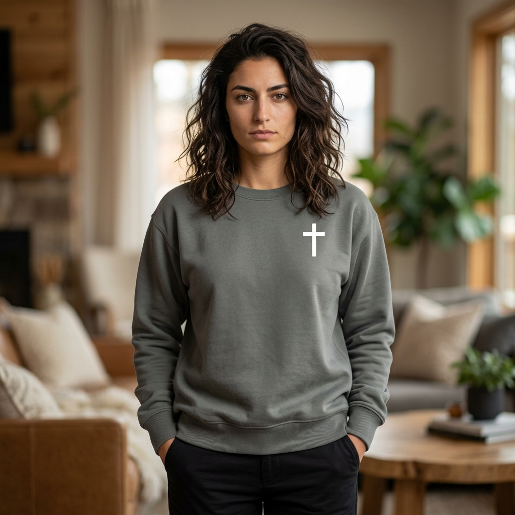 Christian Sweatshirt — Small Cross (Front) + "Jesus Loves You" Back