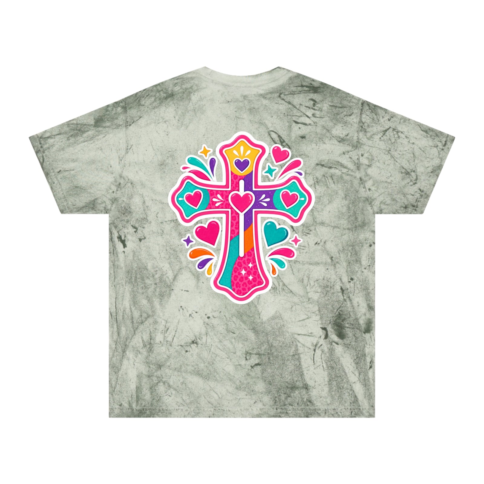 Tie-Dye Cross Tee — Colorful Hearts Graphic T-Shirt