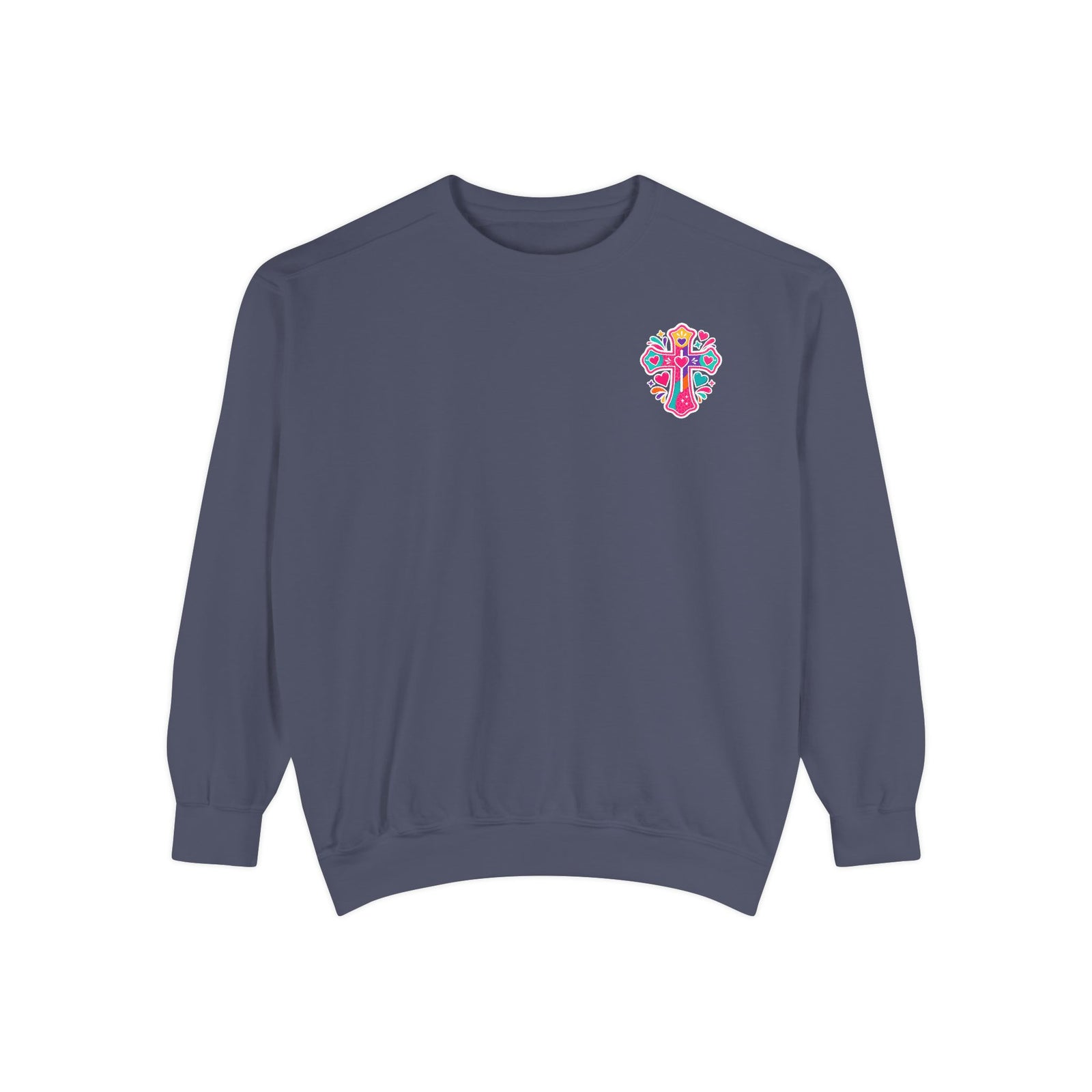 Christian Sweatshirt — “I’m the One on the Front Row at Church” Colorful Hands-Raised Graphic