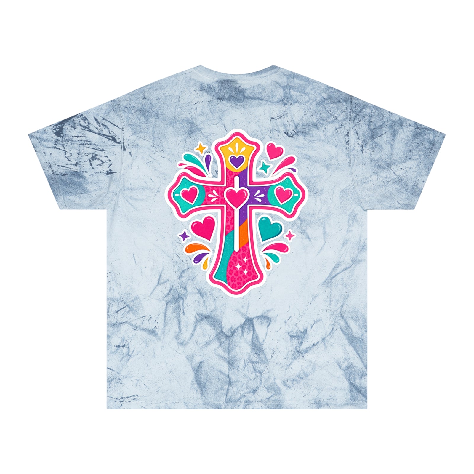 Tie-Dye Cross Tee — Colorful Hearts Graphic T-Shirt