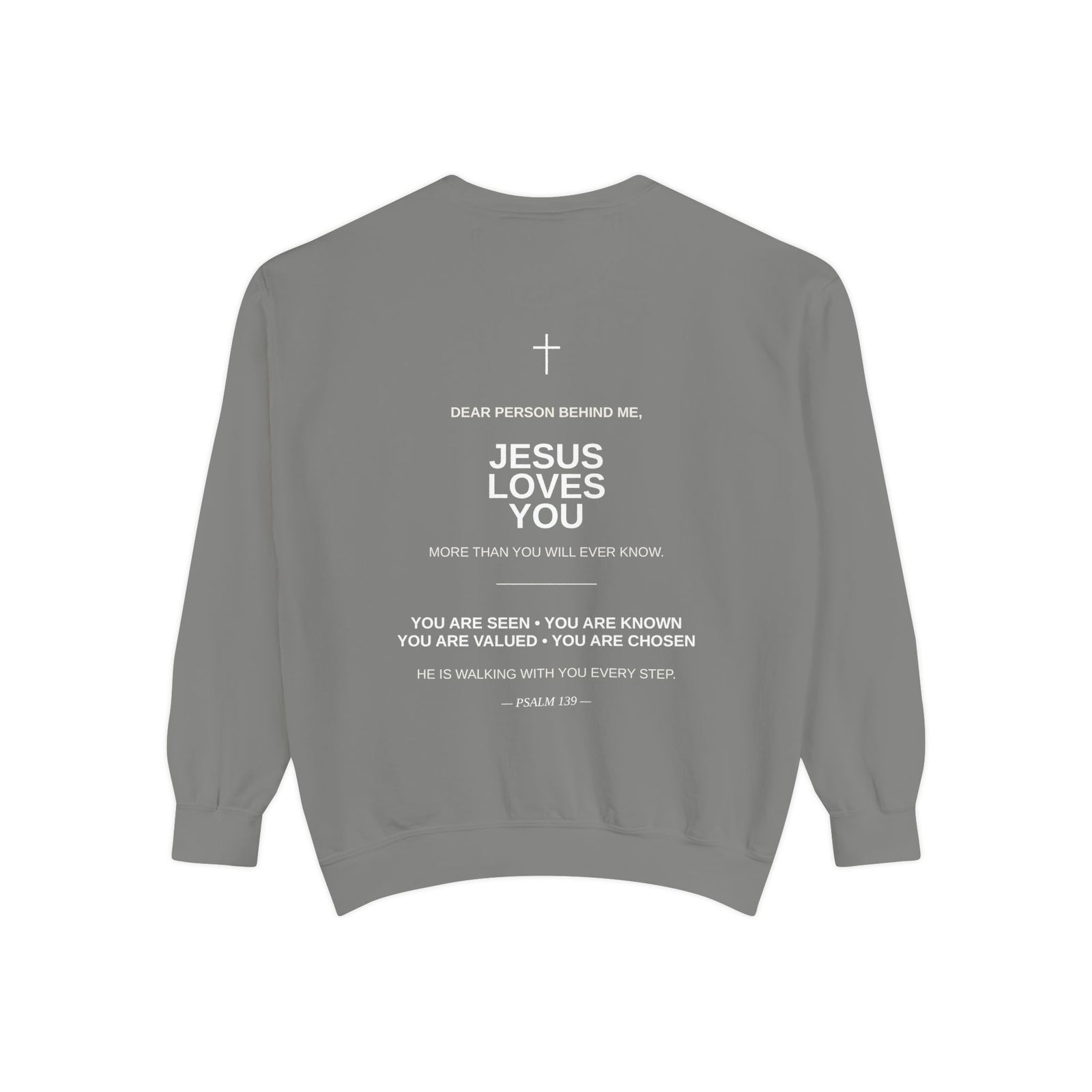 Christian Sweatshirt — Small Cross (Front) + "Jesus Loves You" Back