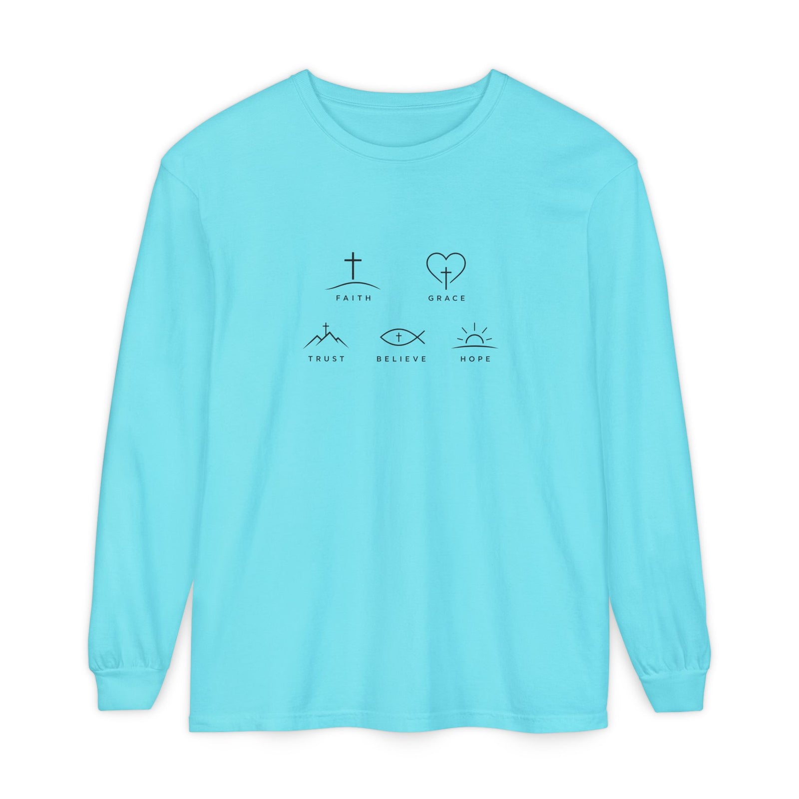 Faith Symbols Long Sleeve Tee — 'Faith, Grace, Trust, Believe, Hope' Minimalist Christian Shirt