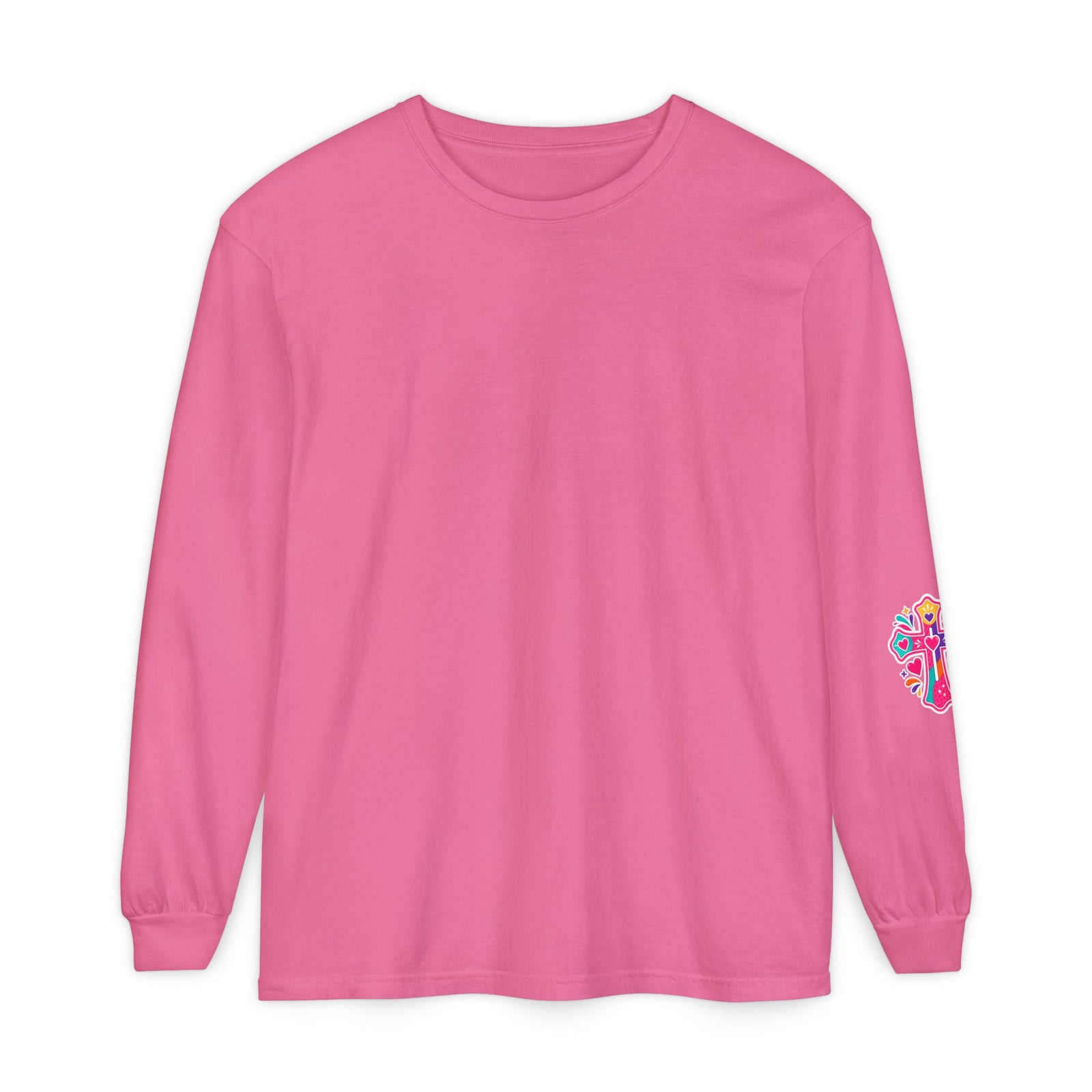 Long Sleeve T-Shirt — “I’m the One on the Front Row at Church With My Hands Raised High” — Colorful Worship Tee