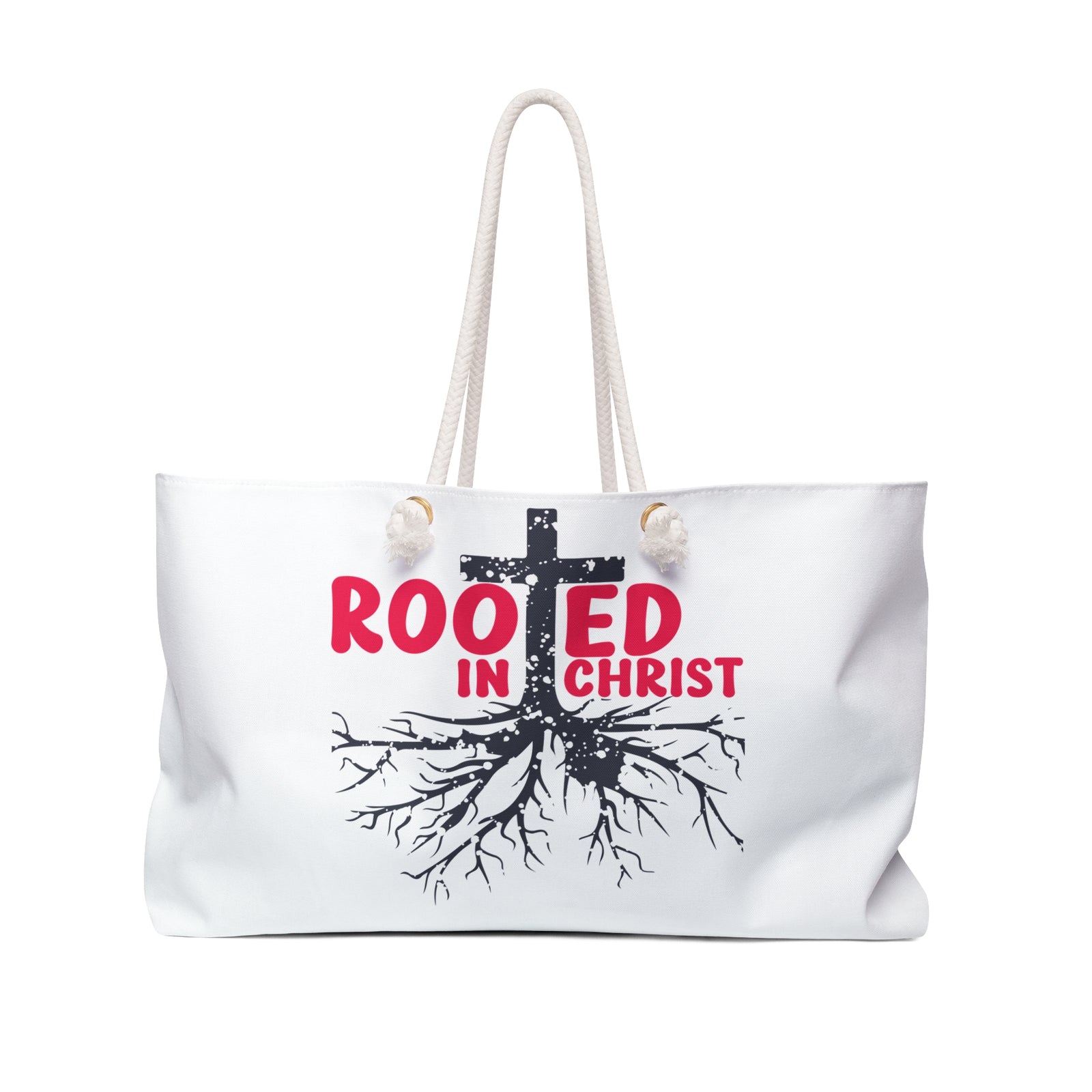 White tote bag with 'Rooted in Christ' design on a white background