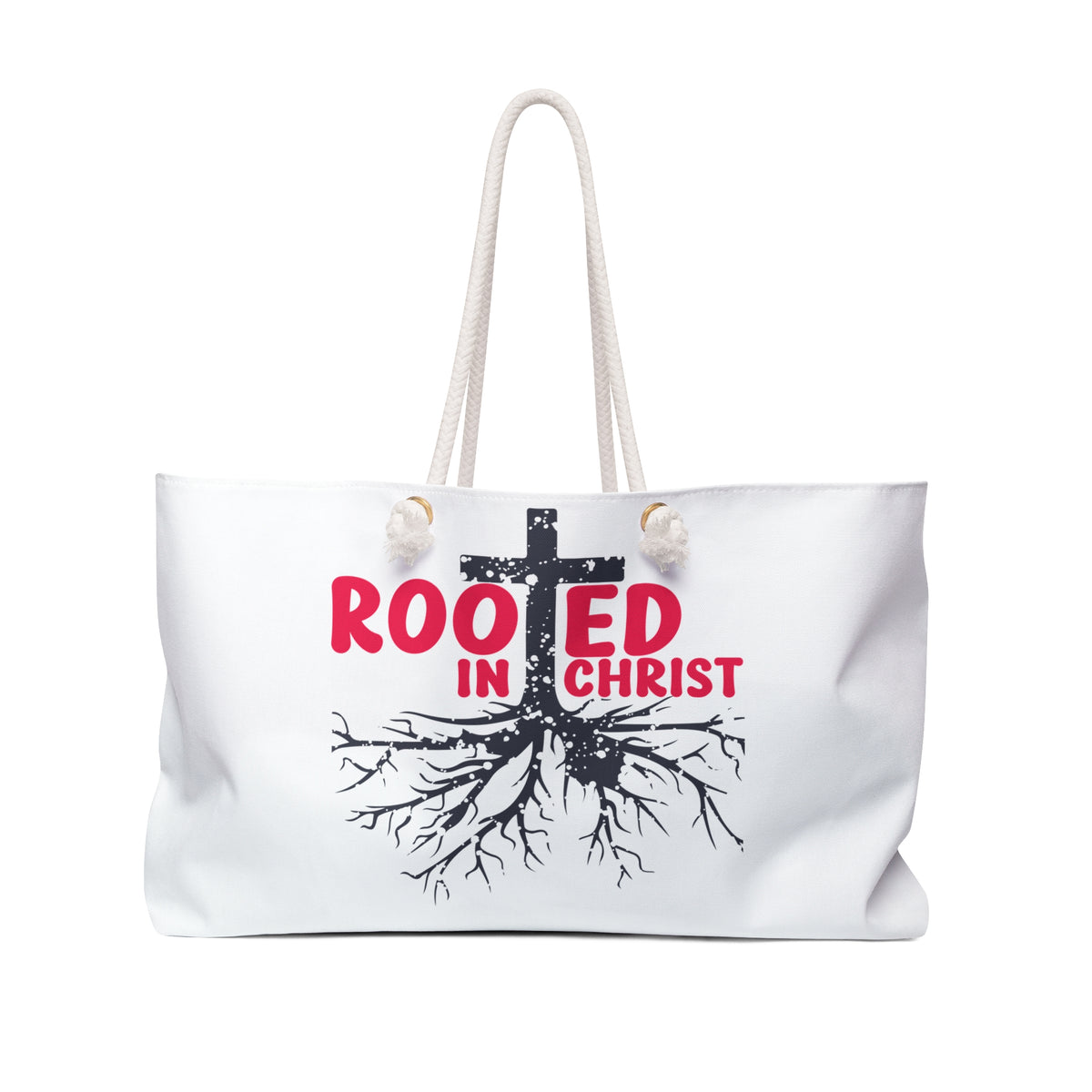 White tote bag with 'Rooted in Christ' design on a white background