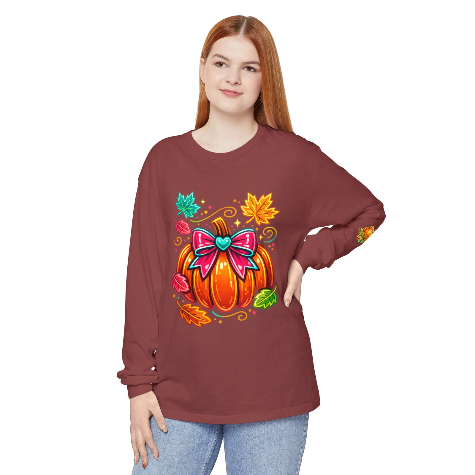 Autumn Pumpkin Bow Long Sleeve Tee