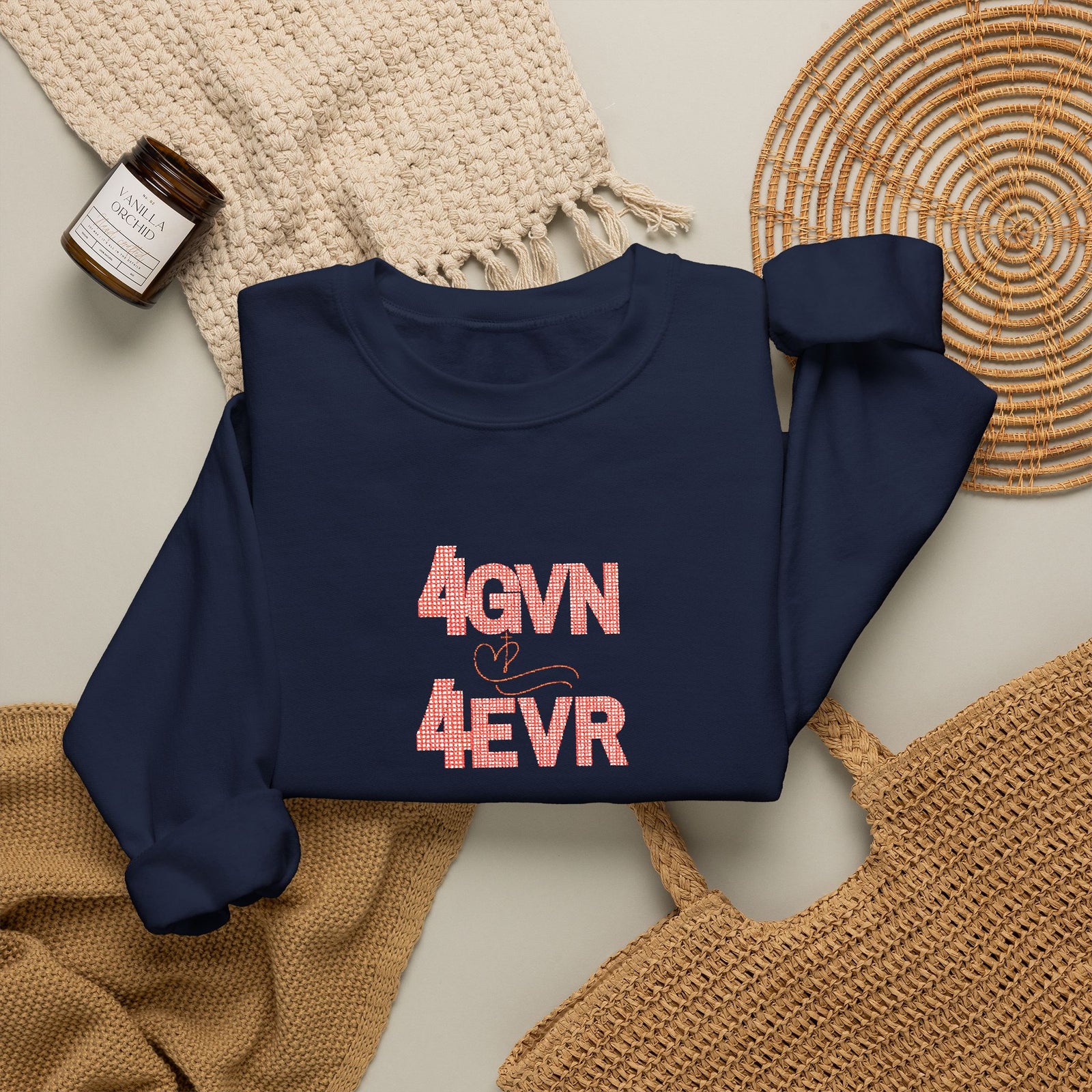 Crewneck Sweatshirt — 'AGAIN NEVER' Floral Text Design, White Cozy Pullover