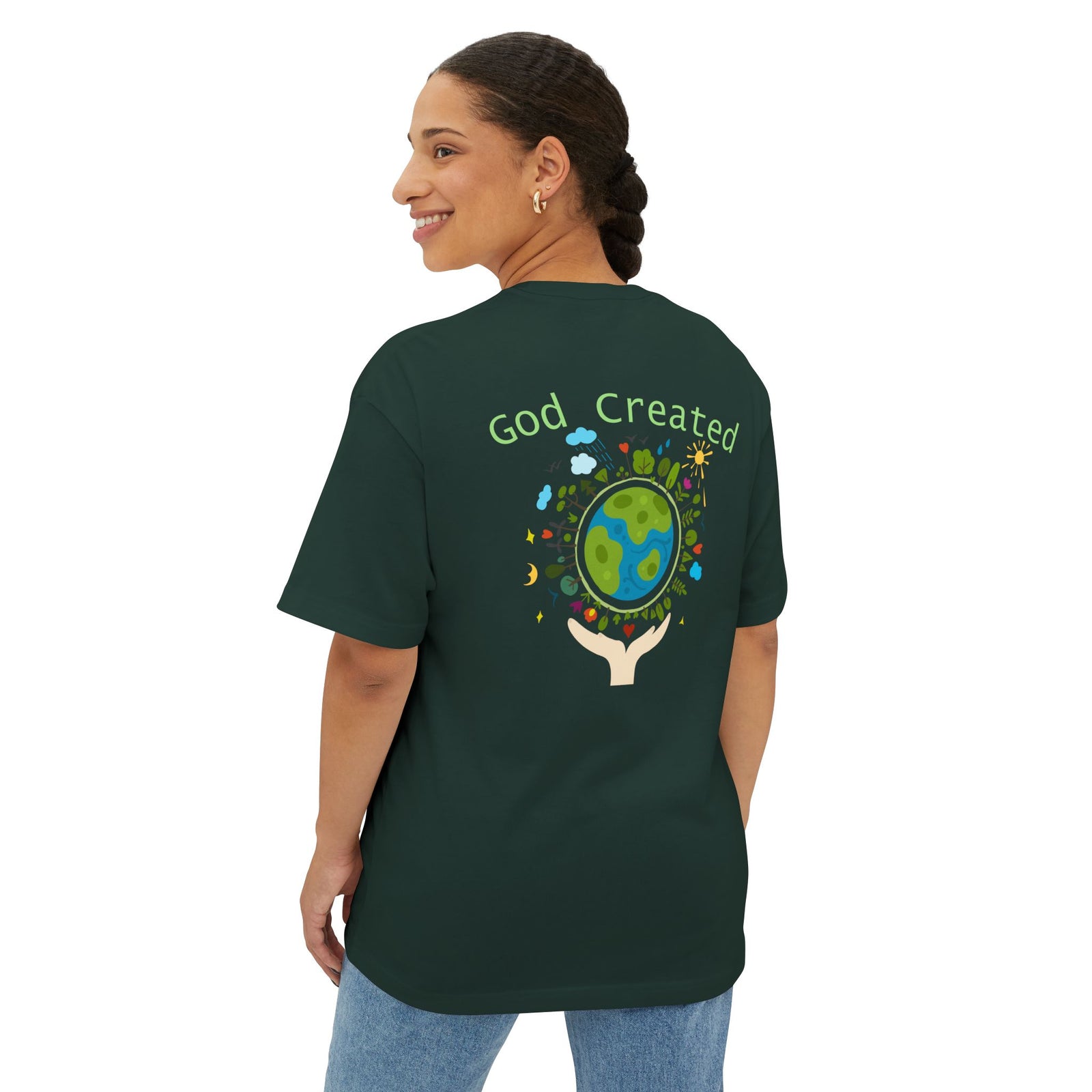 T-Shirt — "God Created" Earth Graphic Tee (Eco, Faith & Nature Love)