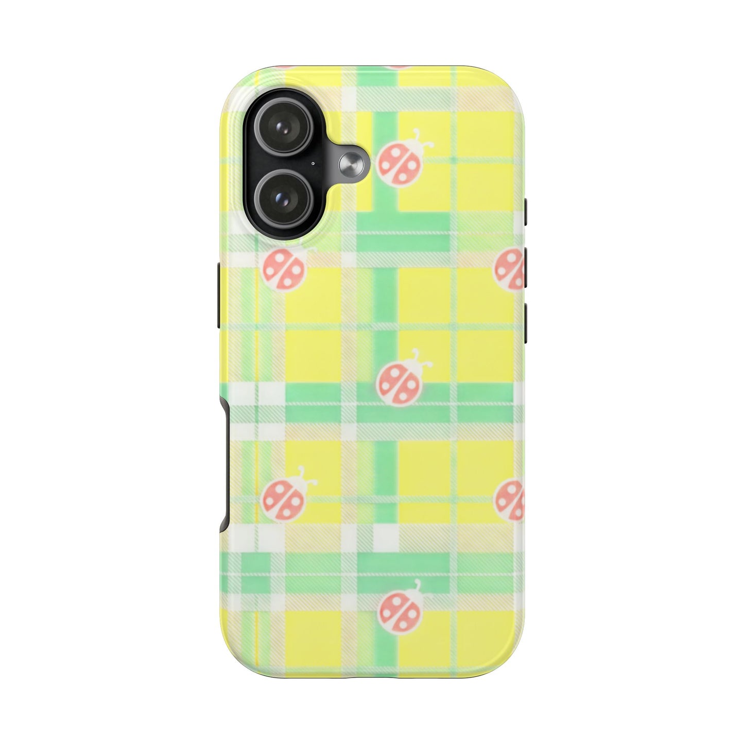 Yellow Plaid Tough Phone Case with Cute Ladybug Pattern — Protective iPhone Case
