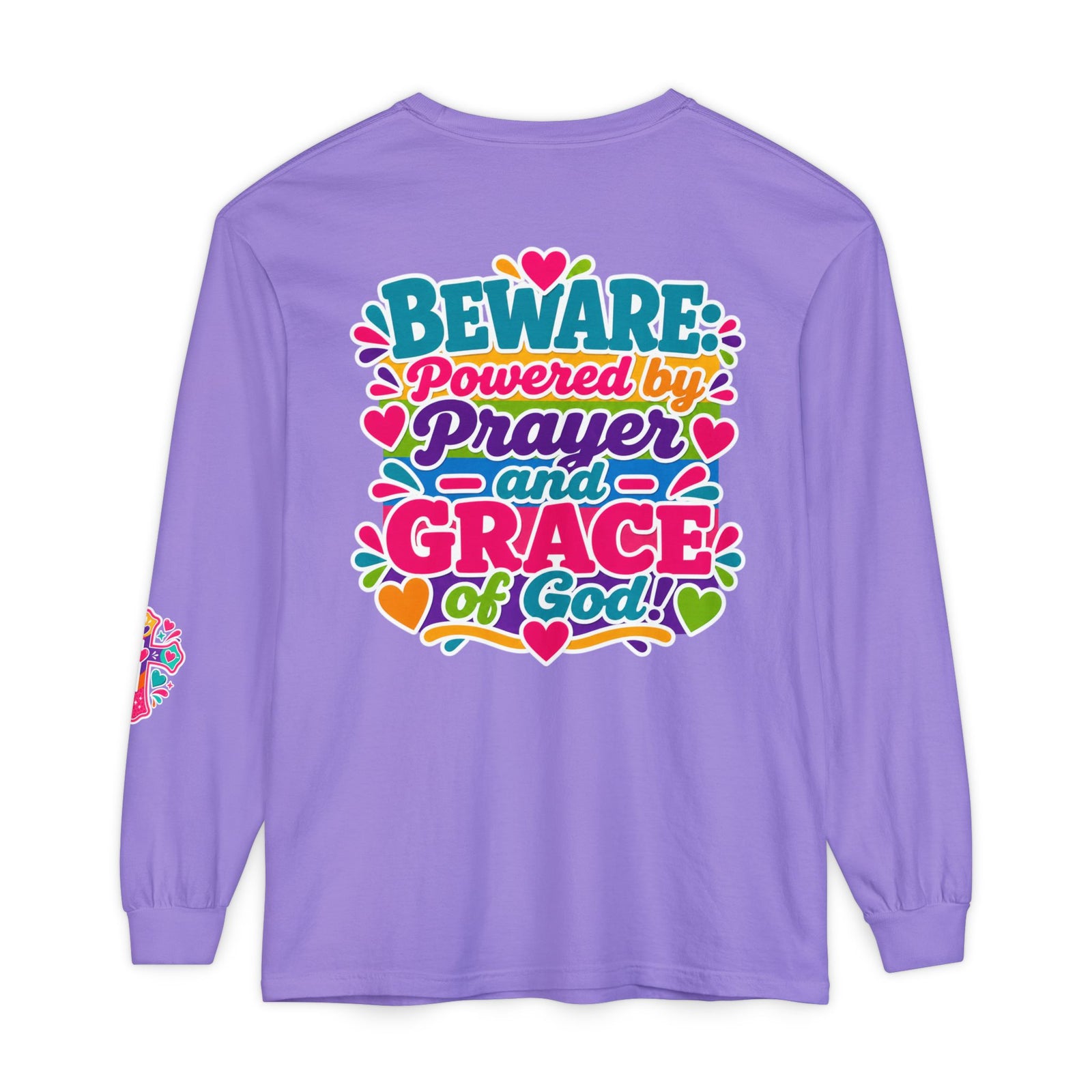 Long Sleeve Tee - "BEWARE Powered by Prayer and Grace of God" Colorful Faith Tee