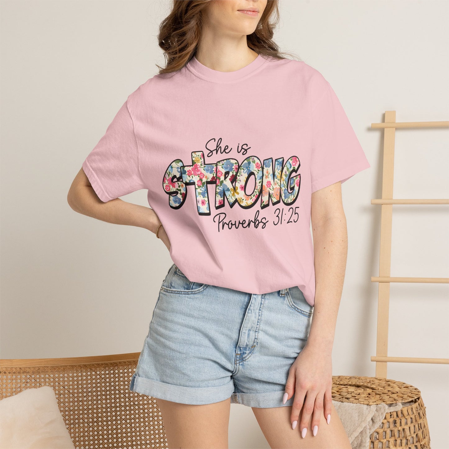 She Is Strong Floral T-Shirt — Proverbs 31:25 Inspirational Tee for Women