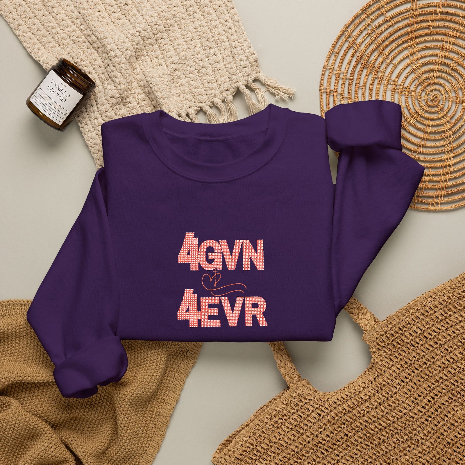 Crewneck Sweatshirt — 'AGAIN NEVER' Floral Text Design, White Cozy Pullover