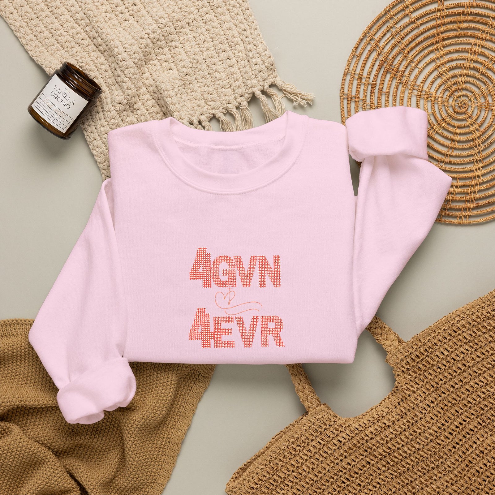 Crewneck Sweatshirt — 'AGAIN NEVER' Floral Text Design, White Cozy Pullover