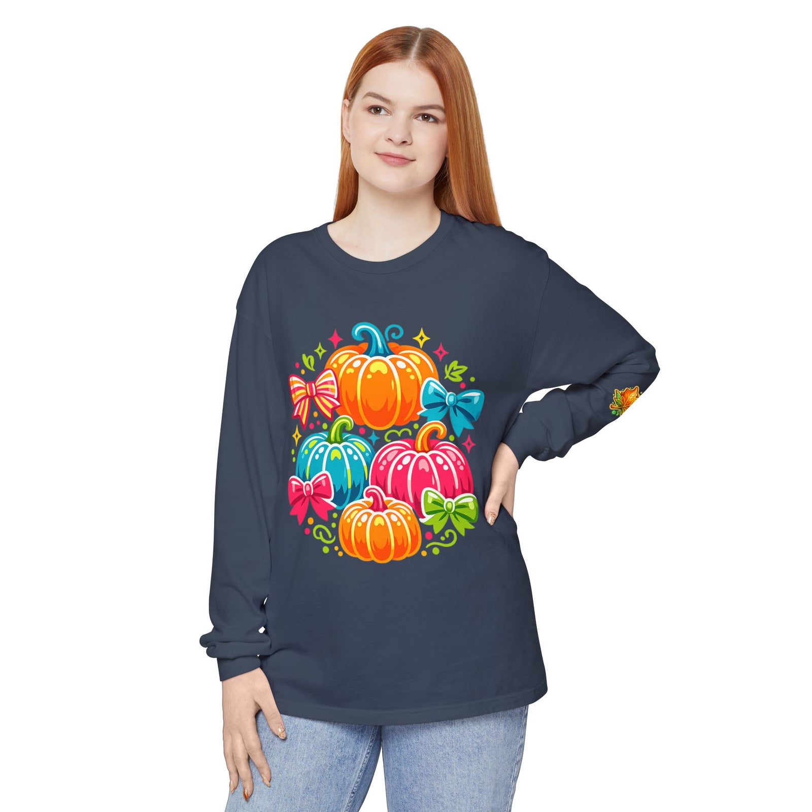 Cute Colorful Pumpkins Long Sleeve Tee — Fall Pumpkin Patch Graphic