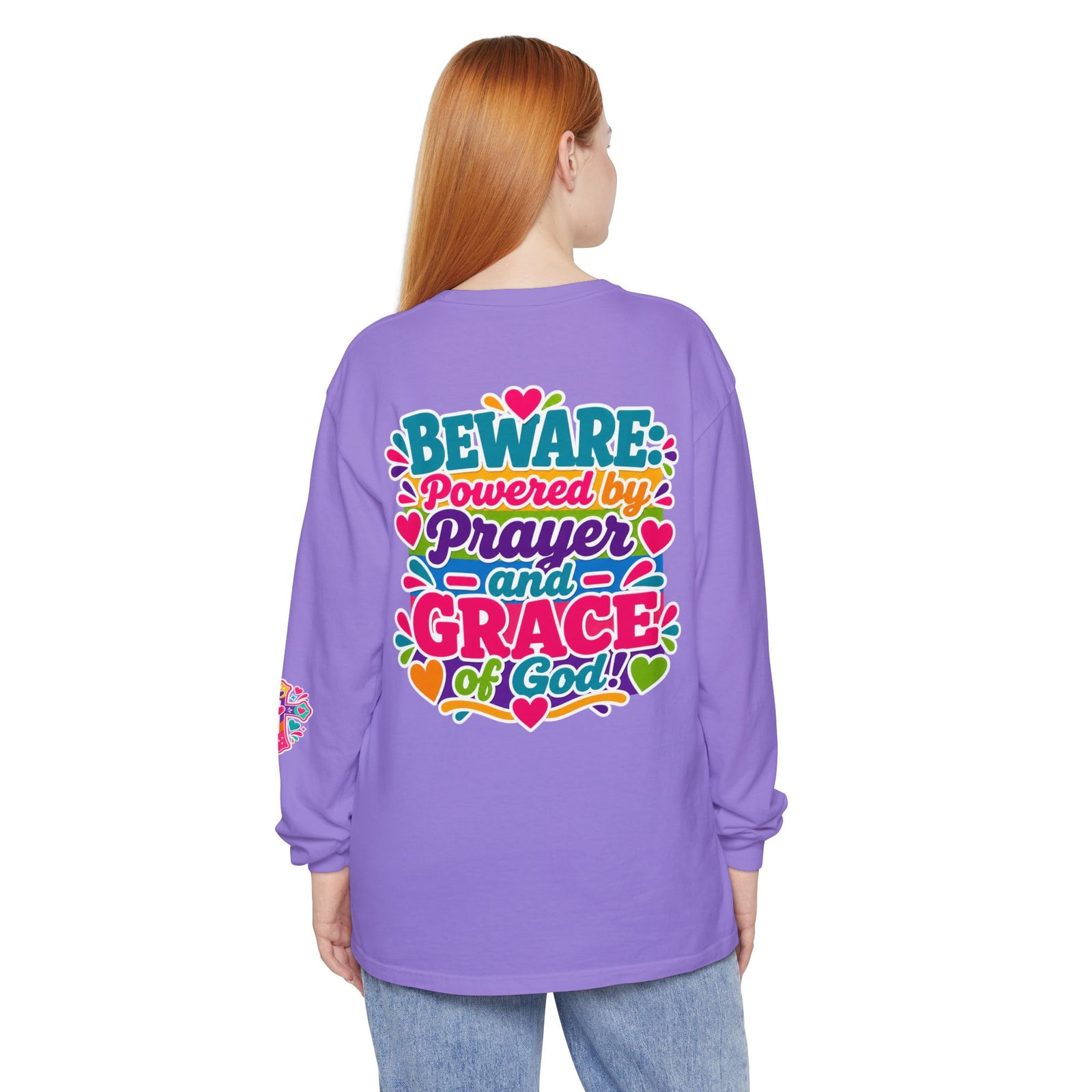 Long Sleeve Tee - "BEWARE Powered by Prayer and Grace of God" Colorful Faith Tee