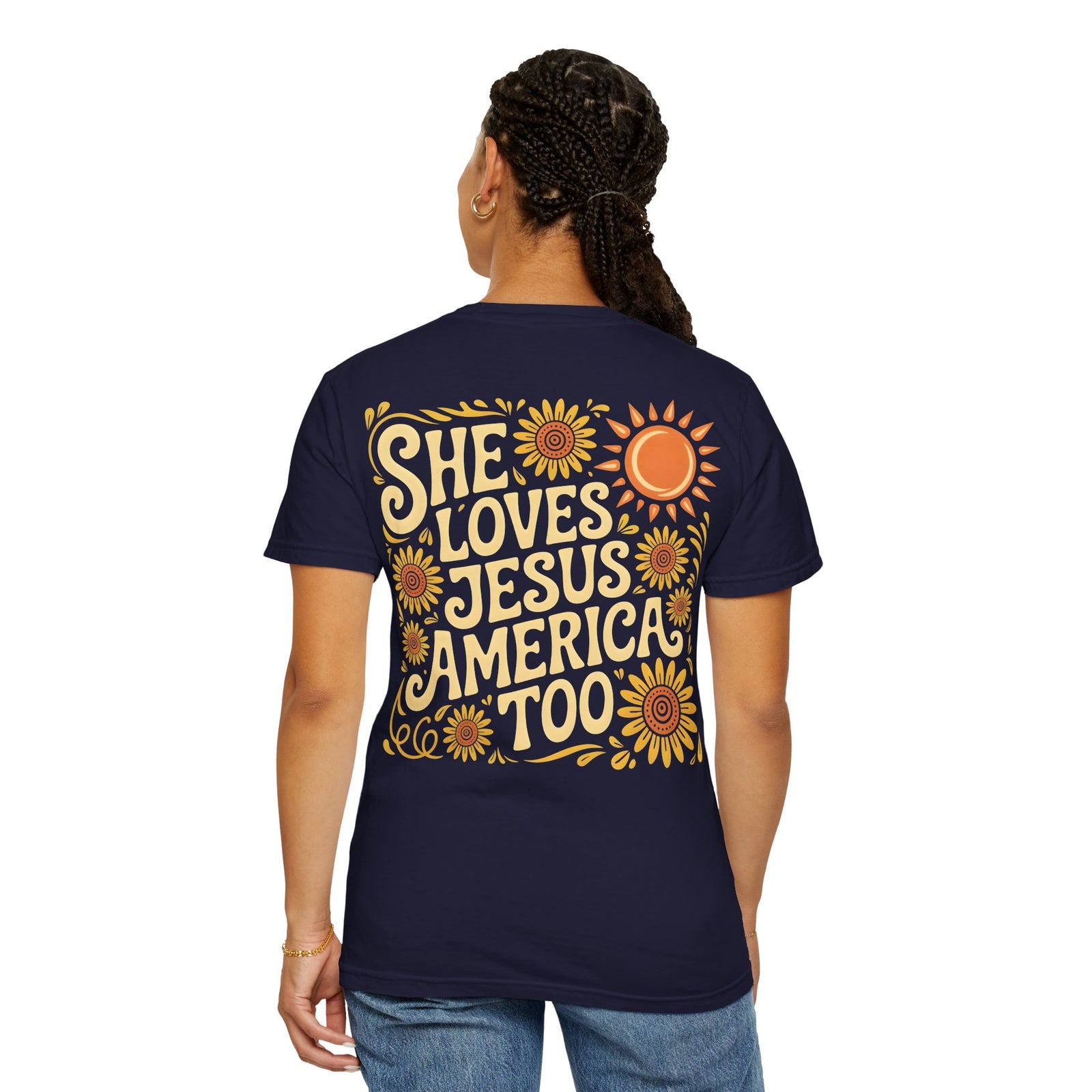 She Loves Jesus America Too T-Shirt — Retro Sunflower Faith Graphic Tee