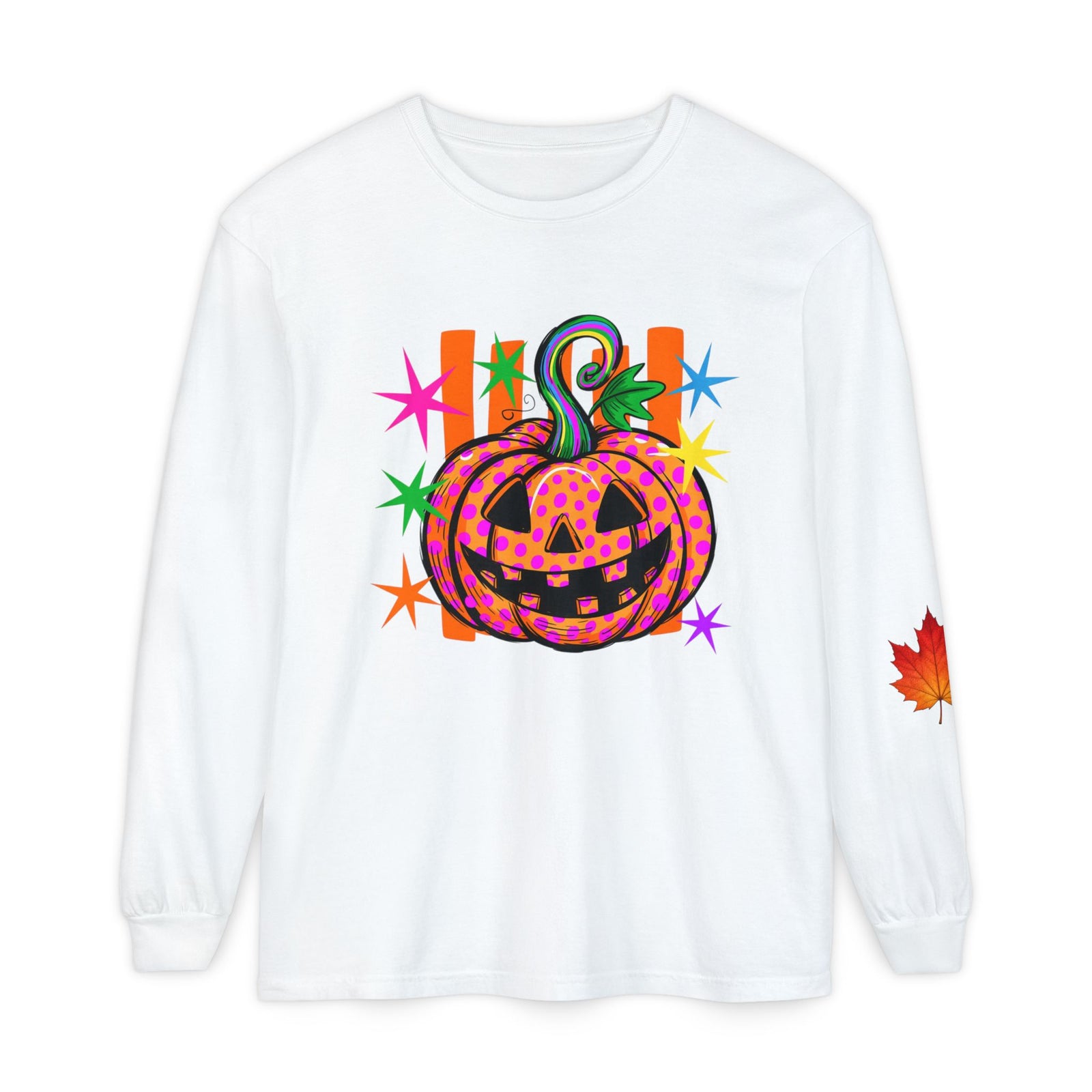 Halloween Pumpkin Long Sleeve Tee — Colorful Jack-O'-Lantern Graphic