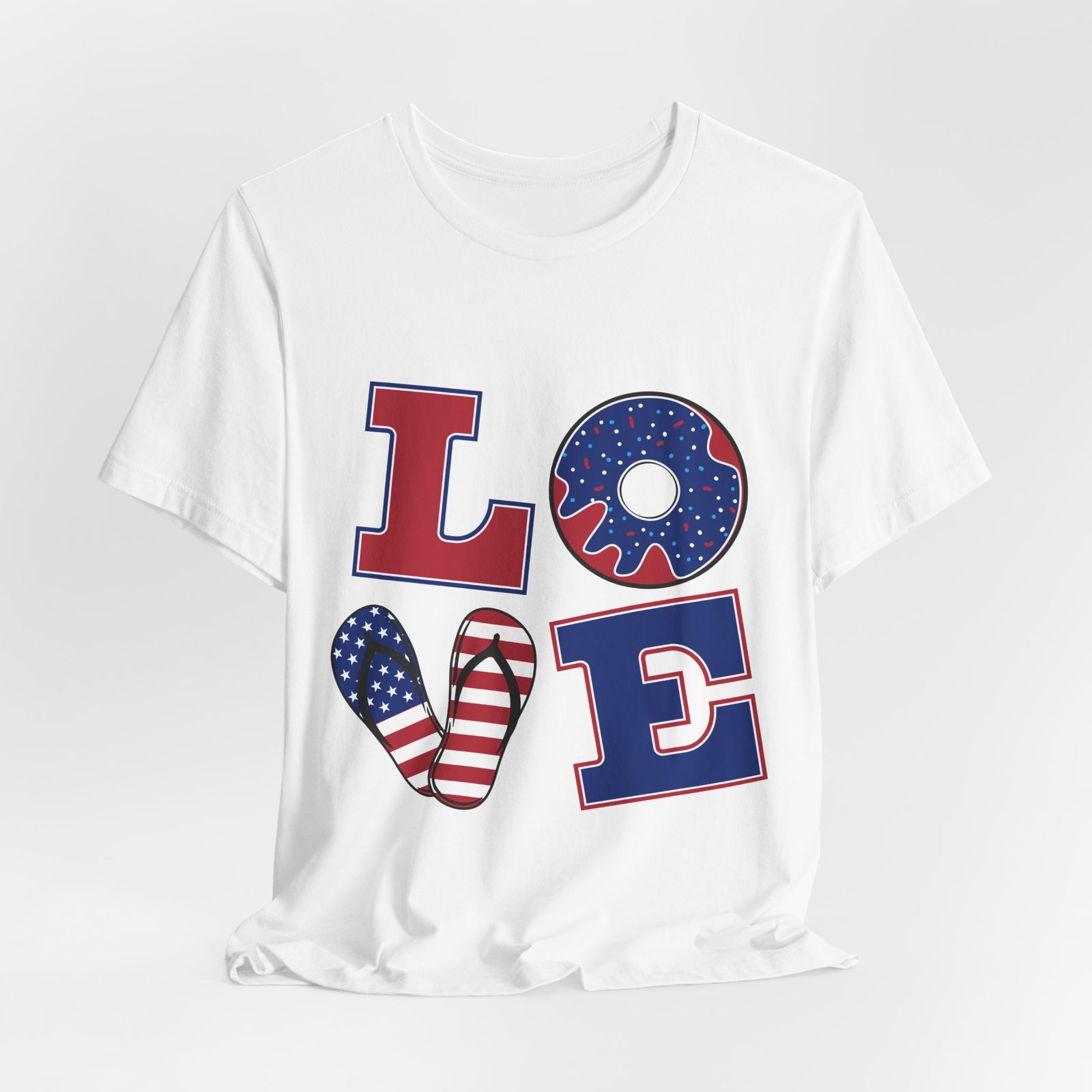 Patriotic LOVE T-Shirt — American Flag Donut & Flip-Flop Fourth of July Tee