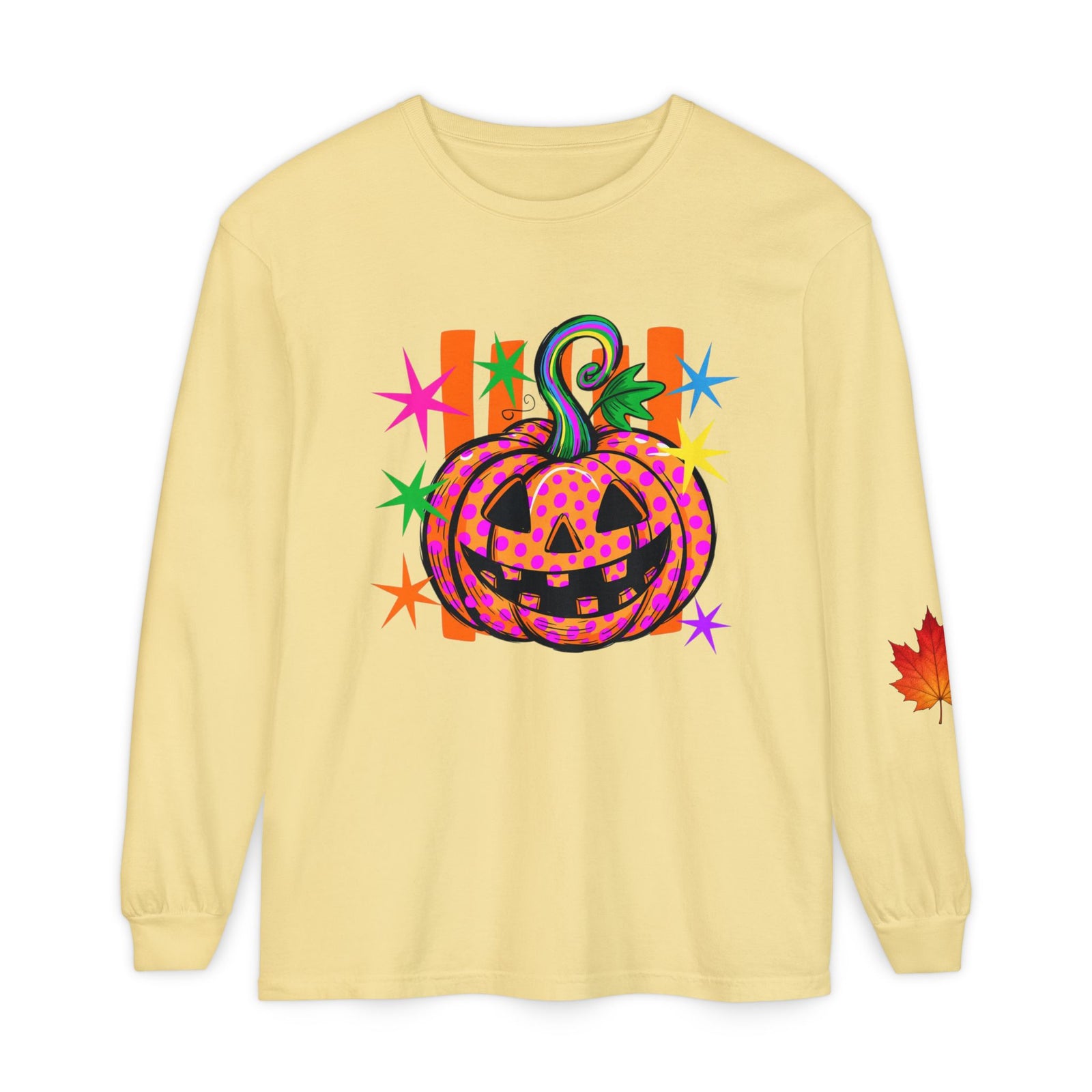 Halloween Pumpkin Long Sleeve Tee — Colorful Jack-O'-Lantern Graphic