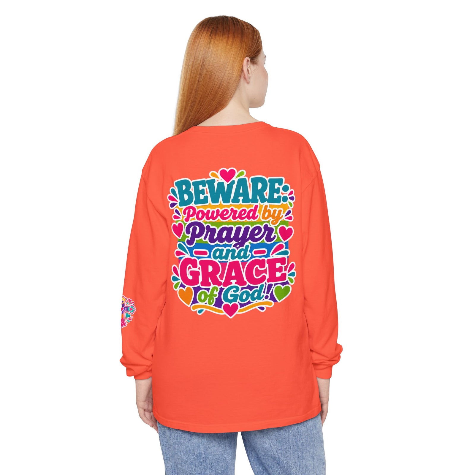 Long Sleeve Tee - "BEWARE Powered by Prayer and Grace of God" Colorful Faith Tee
