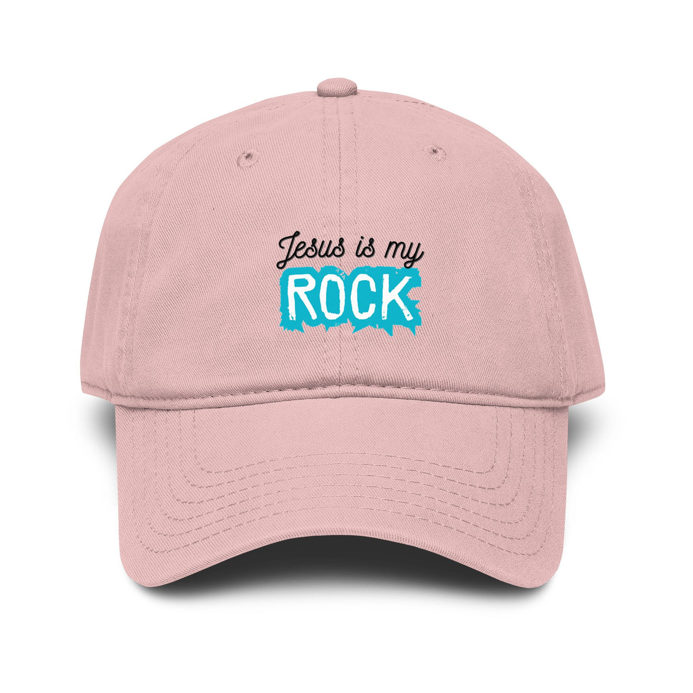 Pink cap with 'Jesus is my Rock' text in black and teal