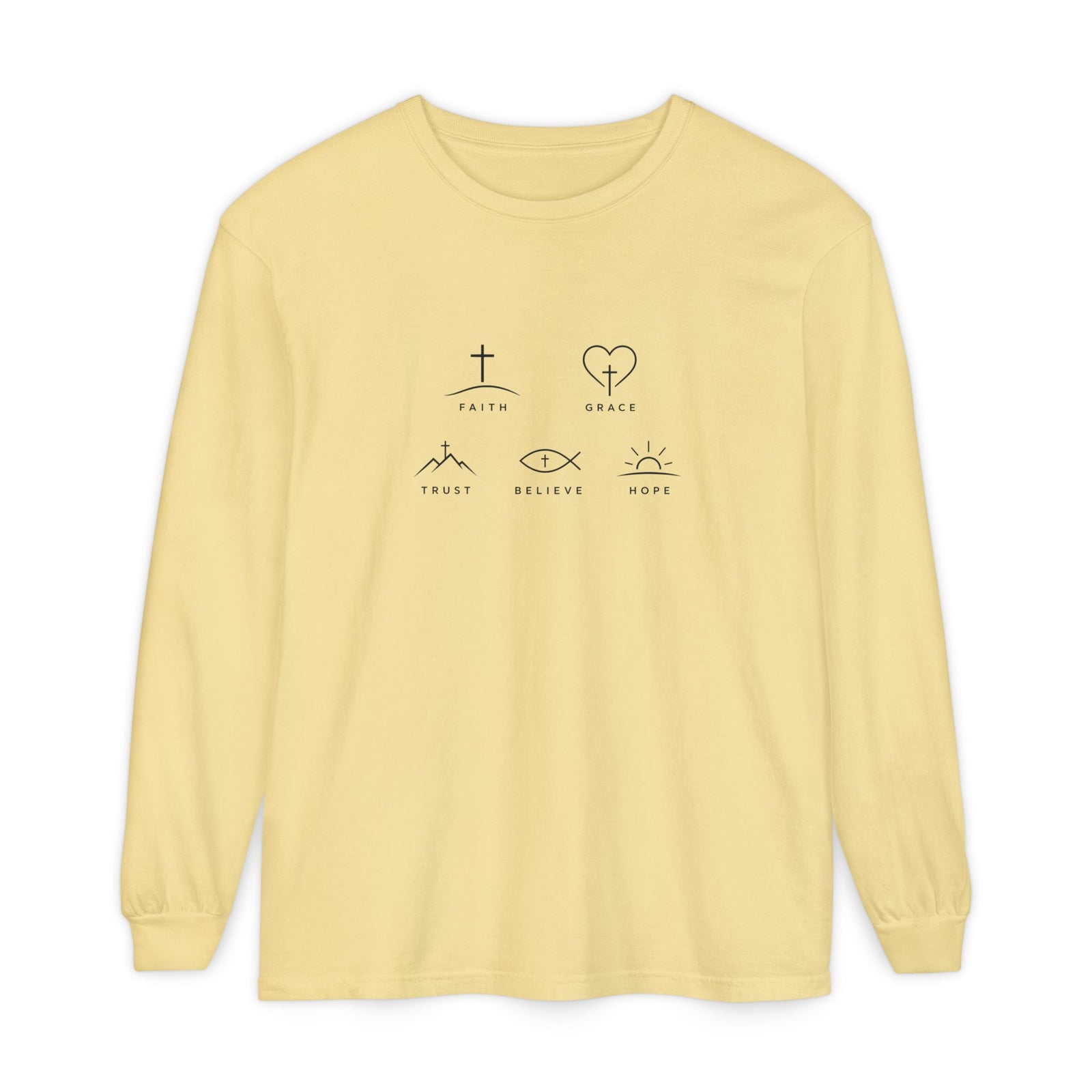 Faith Symbols Long Sleeve Tee — 'Faith, Grace, Trust, Believe, Hope' Minimalist Christian Shirt