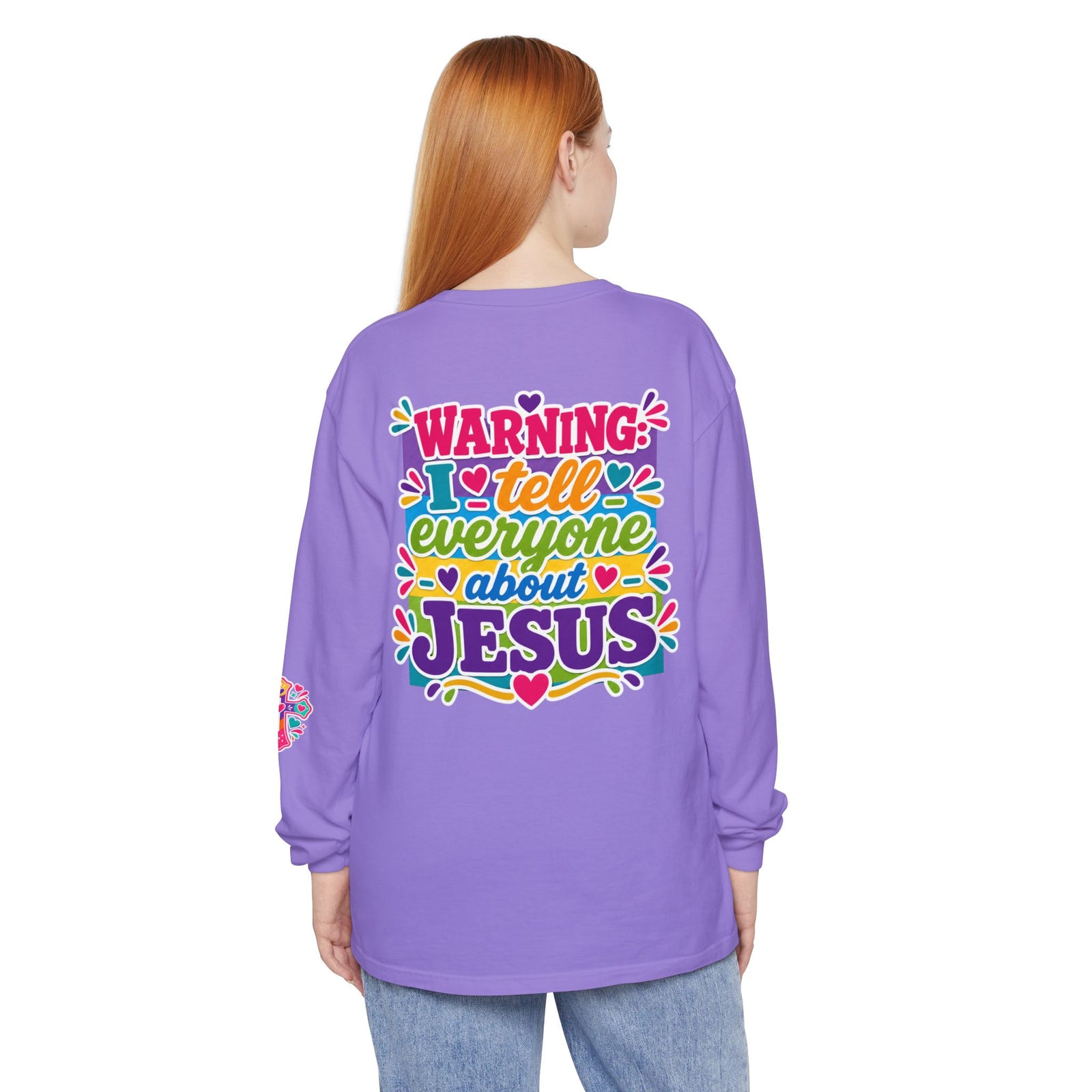 Christian Long Sleeve Tee — "Warning I Tell Everyone About Jesus" Colorful Faith Shirt