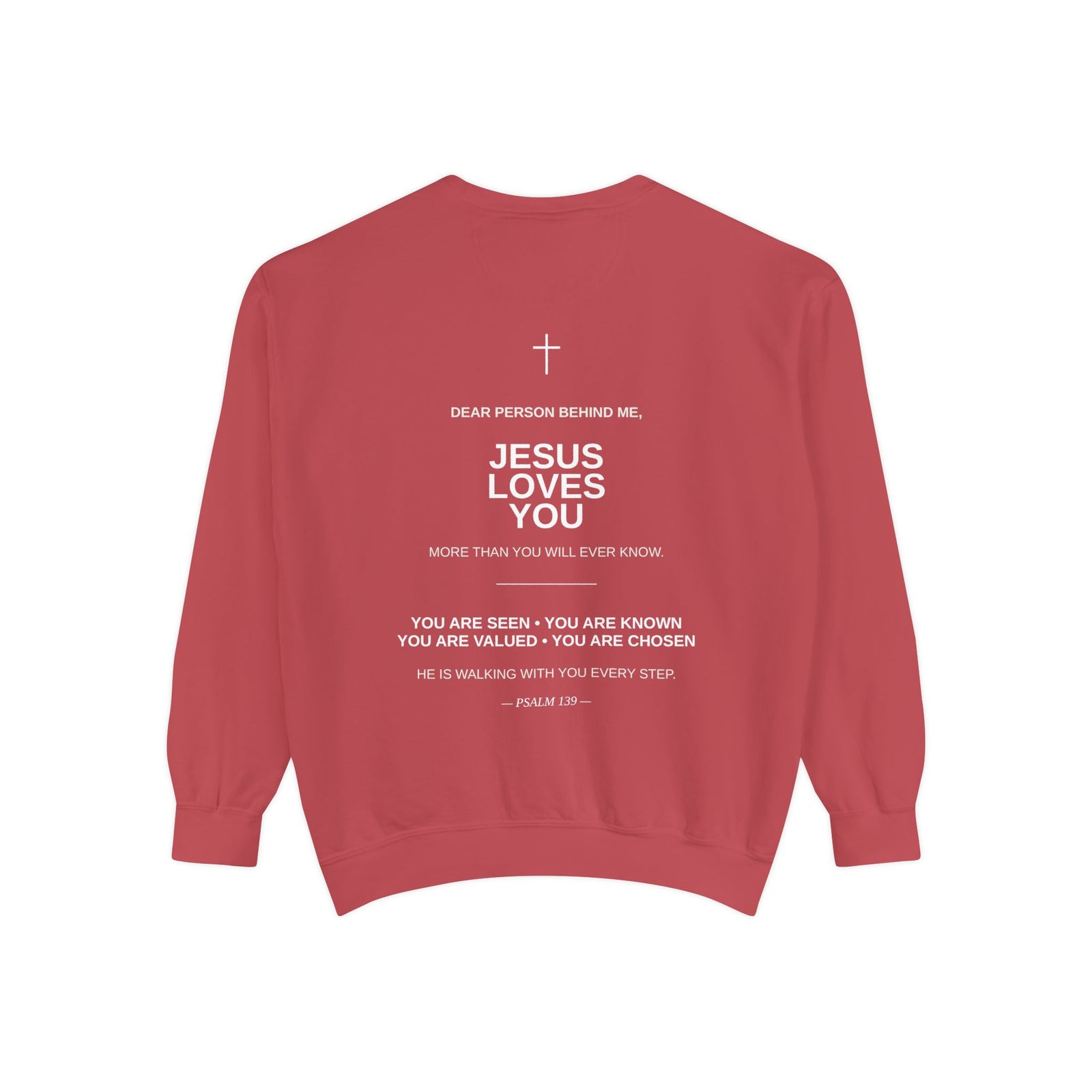 Christian Sweatshirt — Small Cross (Front) + "Jesus Loves You" Back