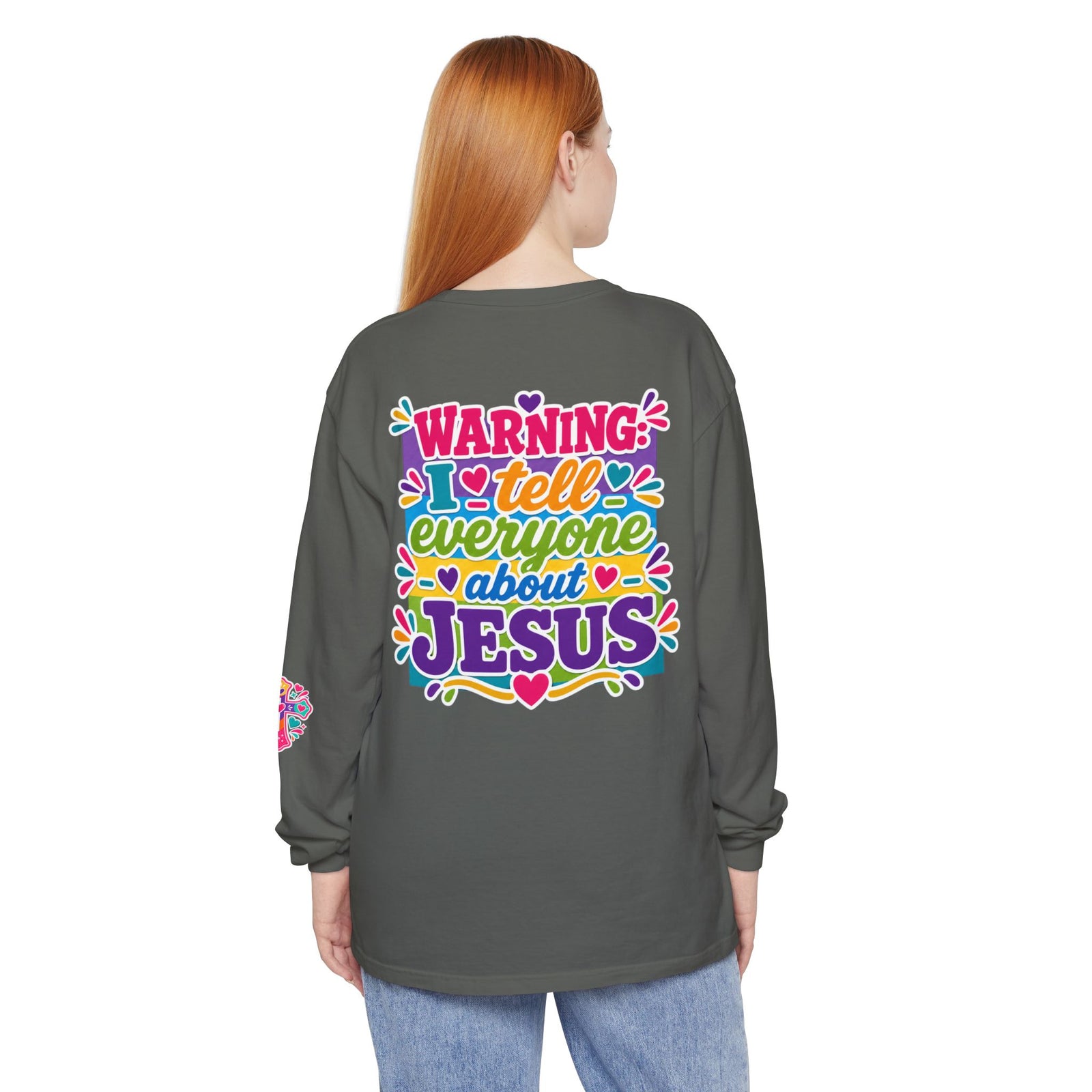 Christian Long Sleeve Tee — "Warning I Tell Everyone About Jesus" Colorful Faith Shirt
