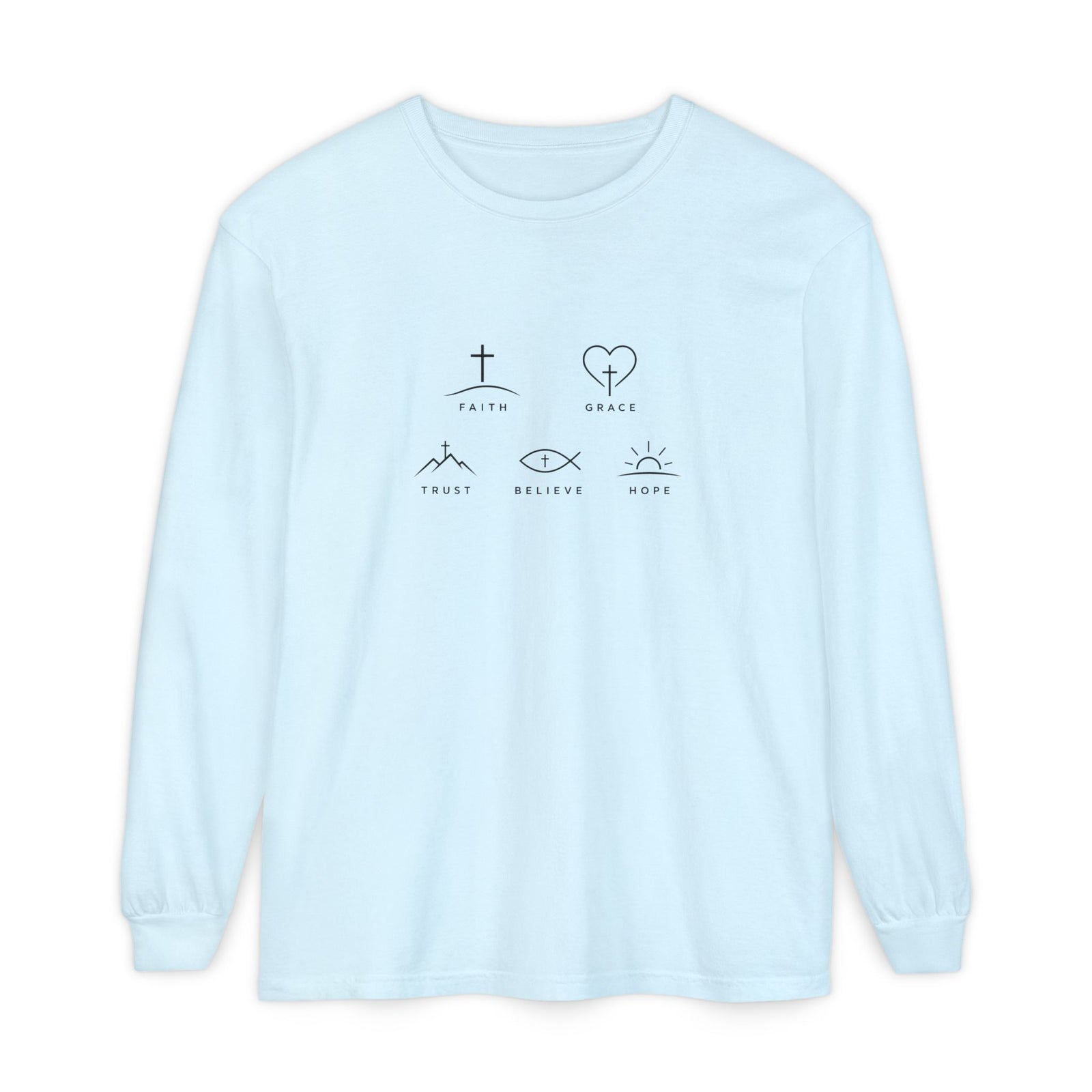Faith Symbols Long Sleeve Tee — 'Faith, Grace, Trust, Believe, Hope' Minimalist Christian Shirt